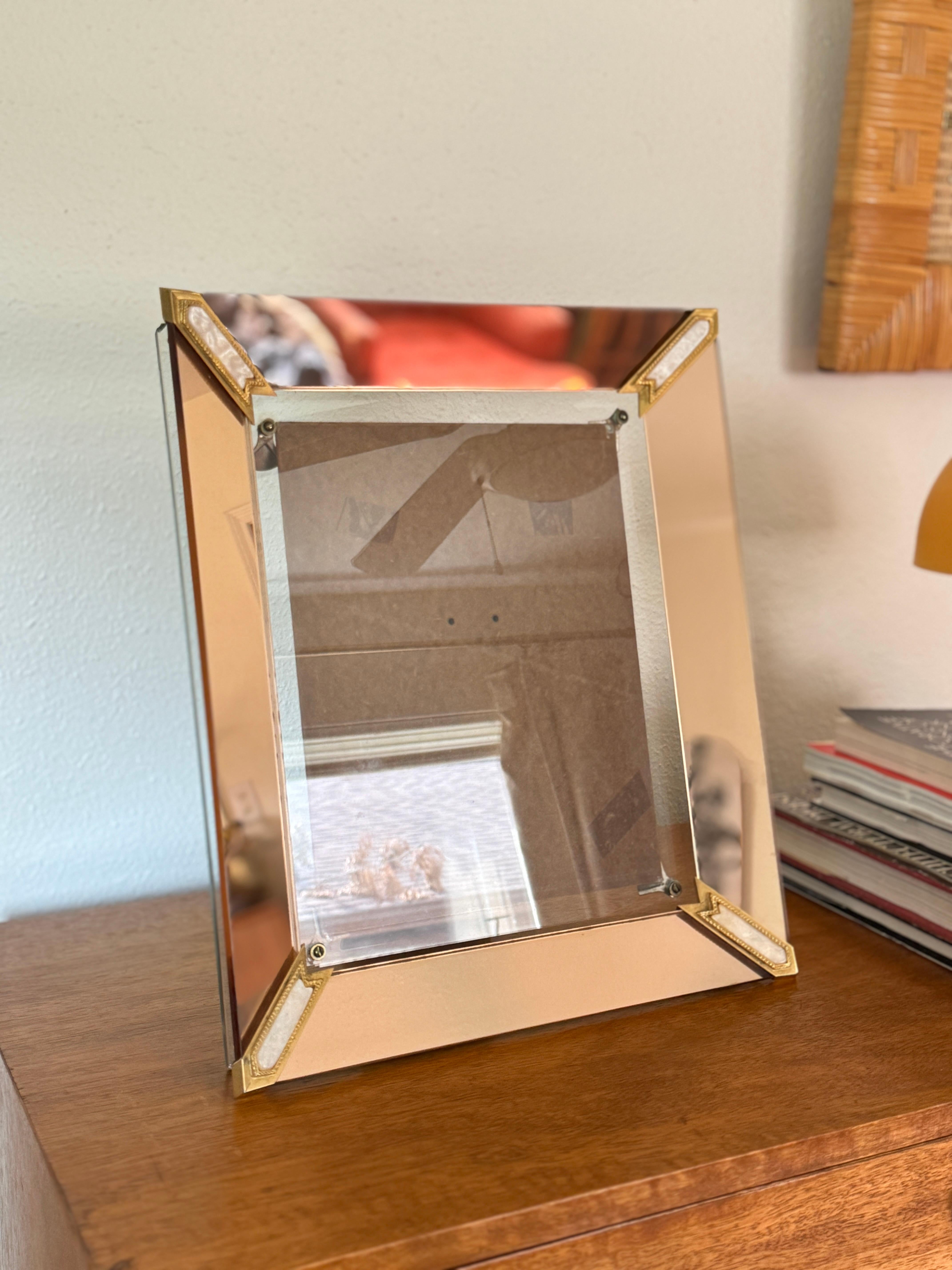 Art deco antique picture frame with mirrored glass peach edges 6