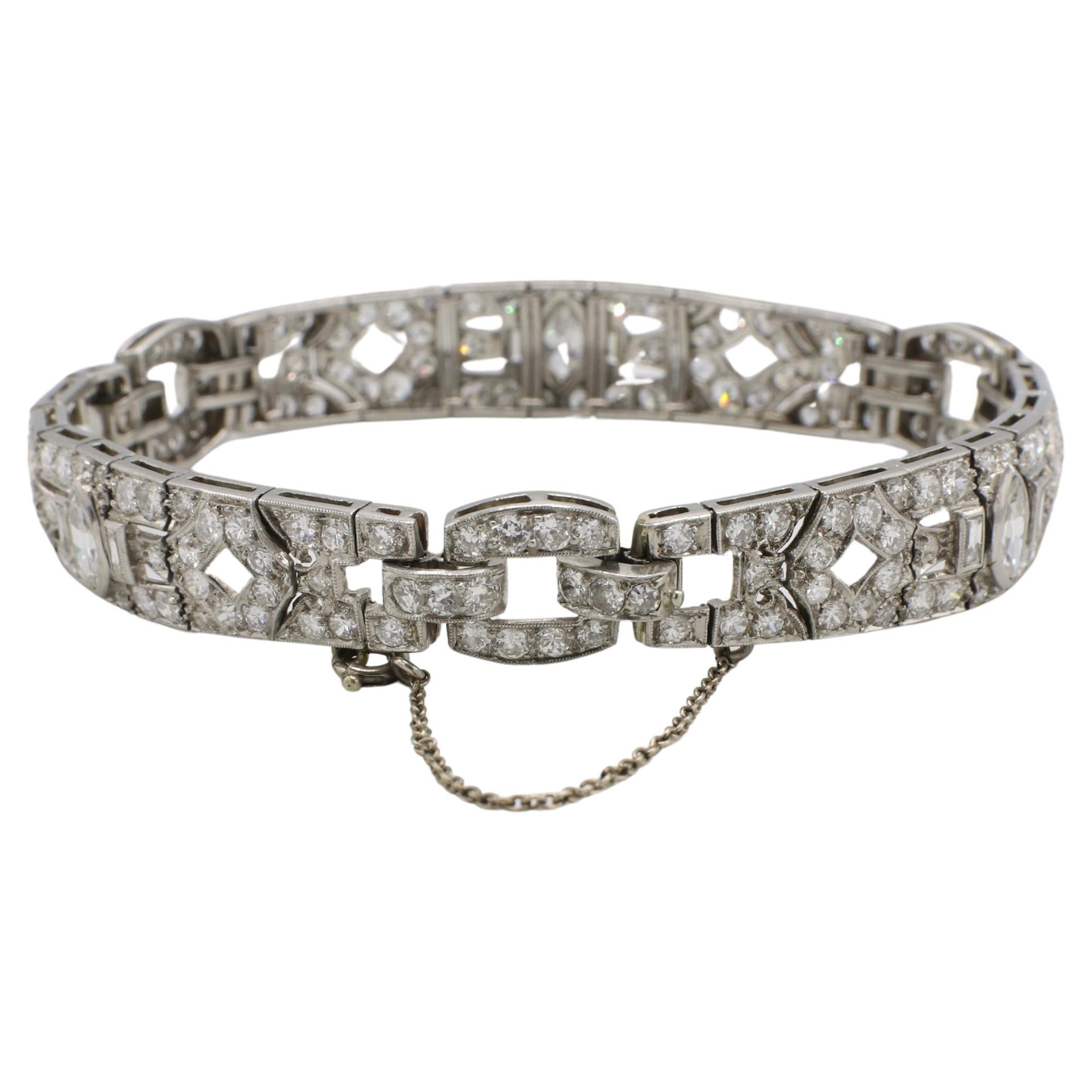 Art Deco Antique Platinum 7.00 Carat Natural Diamond Bracelet In Excellent Condition In  Baltimore, MD