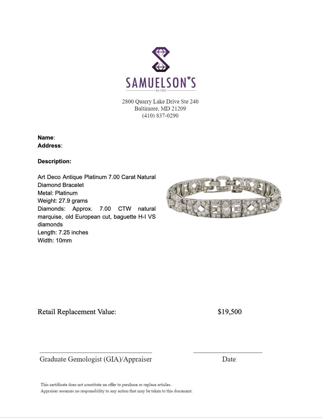 Women's Art Deco Antique Platinum 7.00 Carat Natural Diamond Bracelet