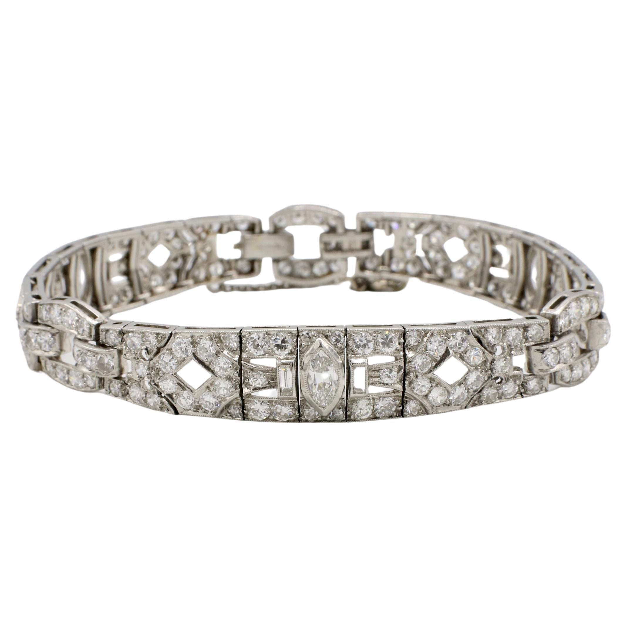 Pulsera Art Déco Platino Antiguo Diamante Natural 7,00 Quilates