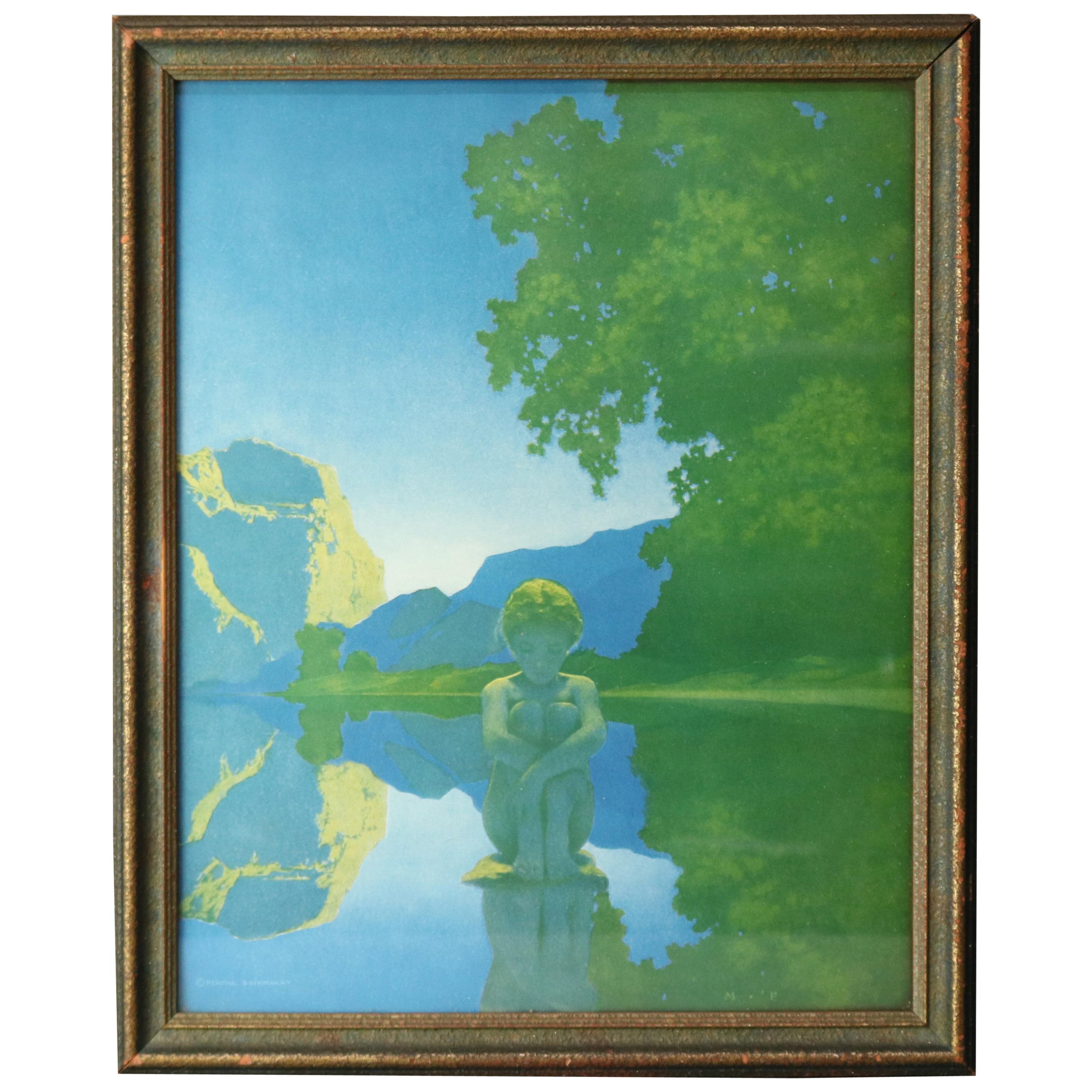 Art Deco Antique Print 'Evening' after Original by Maxfield Parrish, Framed