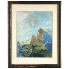 Art Deco Antique Print 'Morning' After Original by Maxfield Parrish, Framed