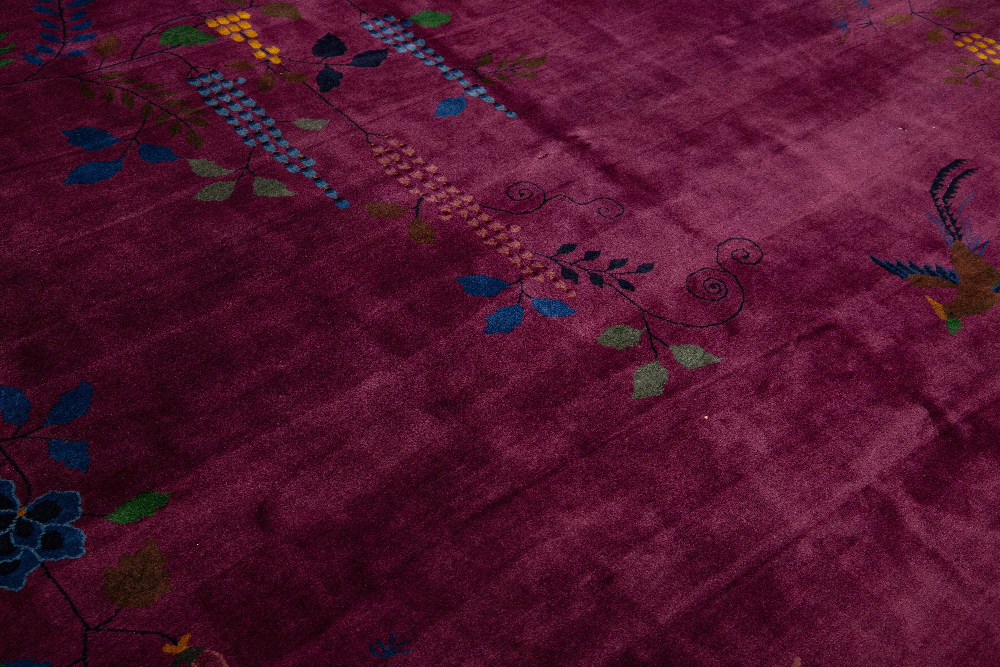 Art Deco Antique Purple Wool Rug Handmade with Chinese Floral Motif For Sale 5