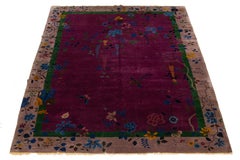 Art Deco Antique Purple Wool Rug Handmade with Chinese Floral Motif