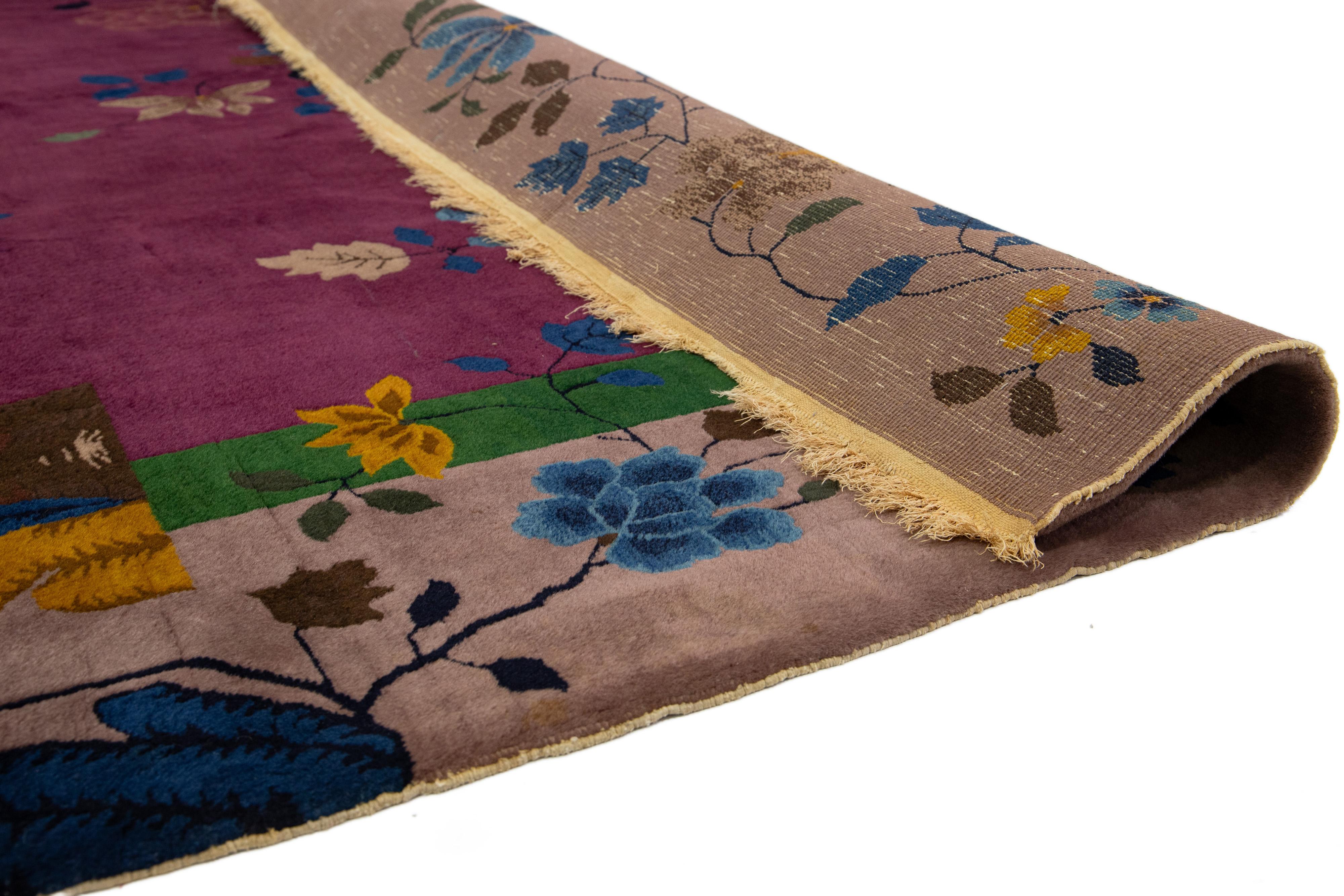 Hand-Knotted Art Deco Antique Purple Wool Rug Handmade with Chinese Floral Motif For Sale