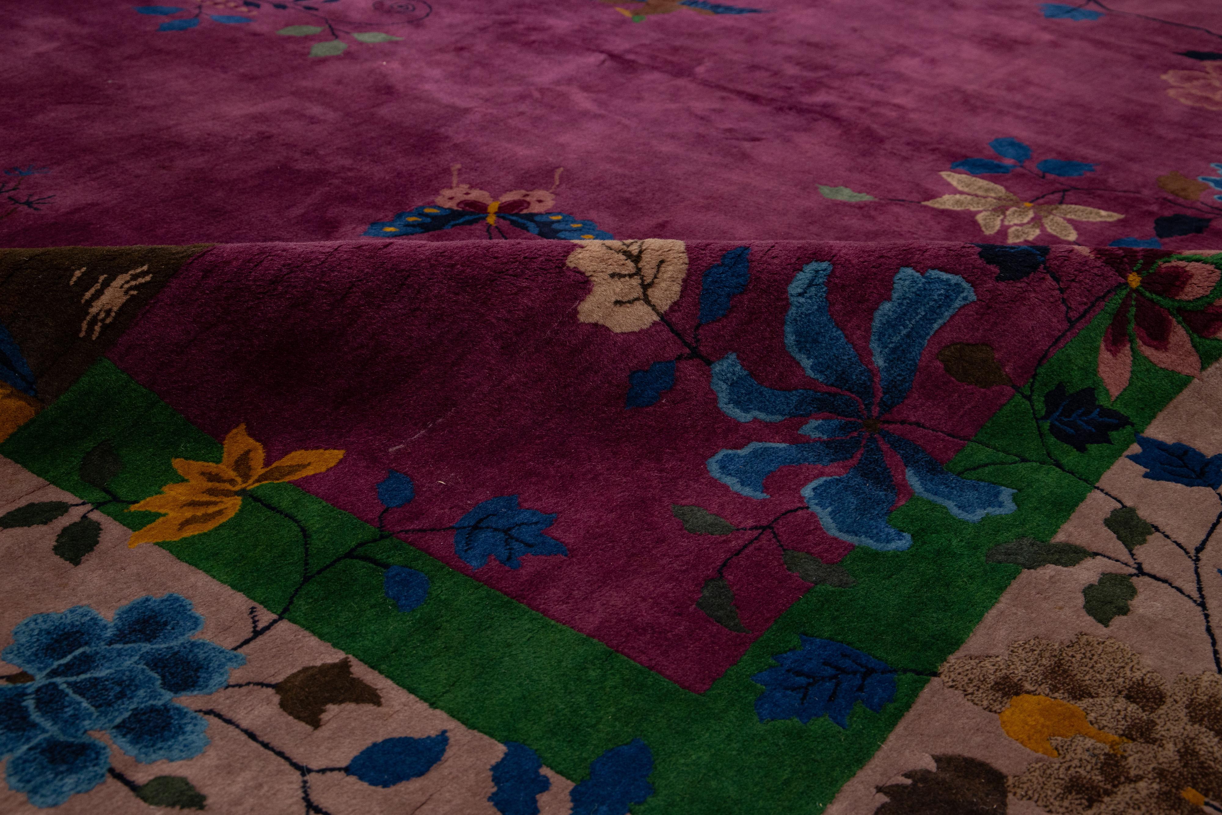 Art Deco Antique Purple Wool Rug Handmade with Chinese Floral Motif In Excellent Condition For Sale In Norwalk, CT