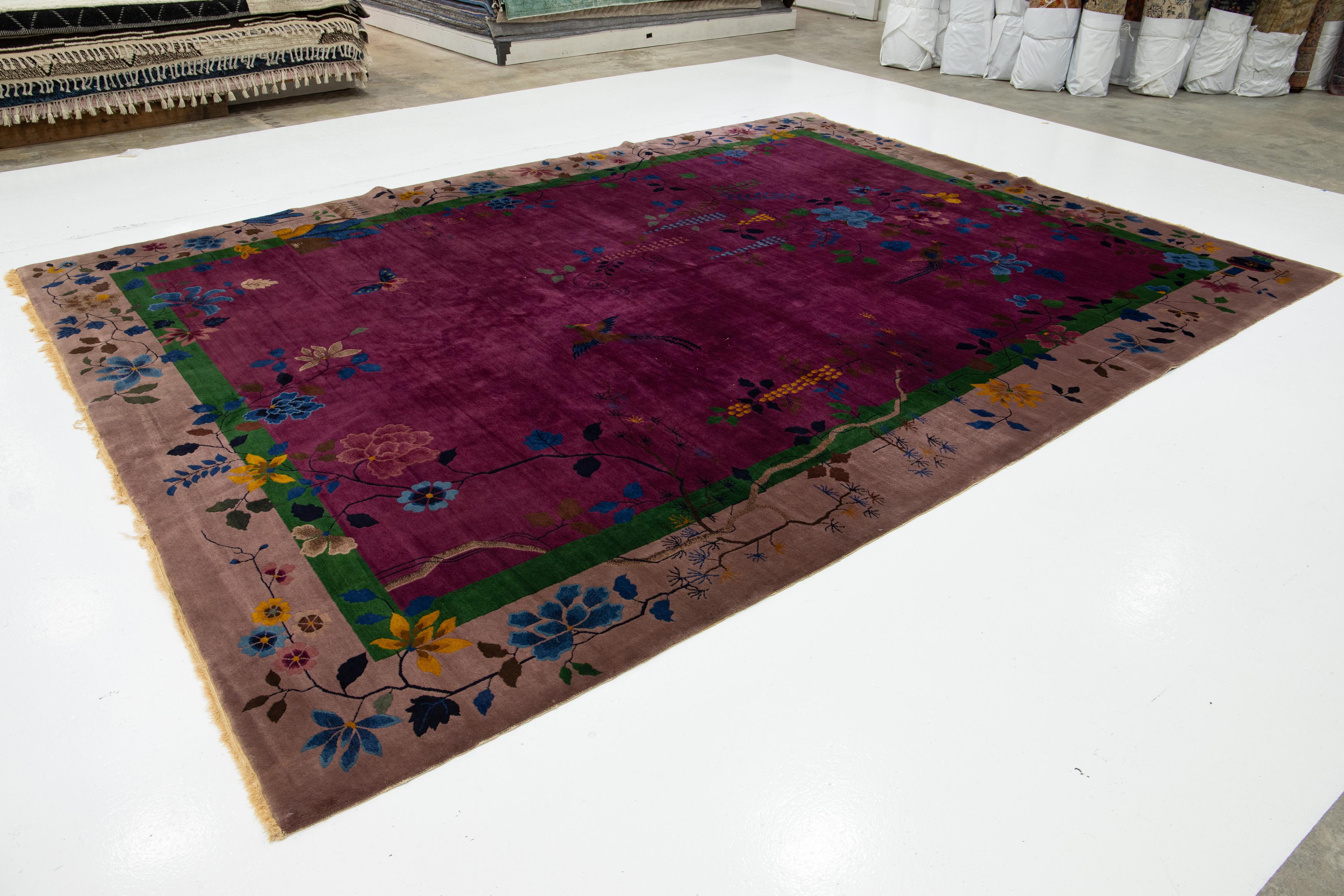 20th Century Art Deco Antique Purple Wool Rug Handmade with Chinese Floral Motif For Sale
