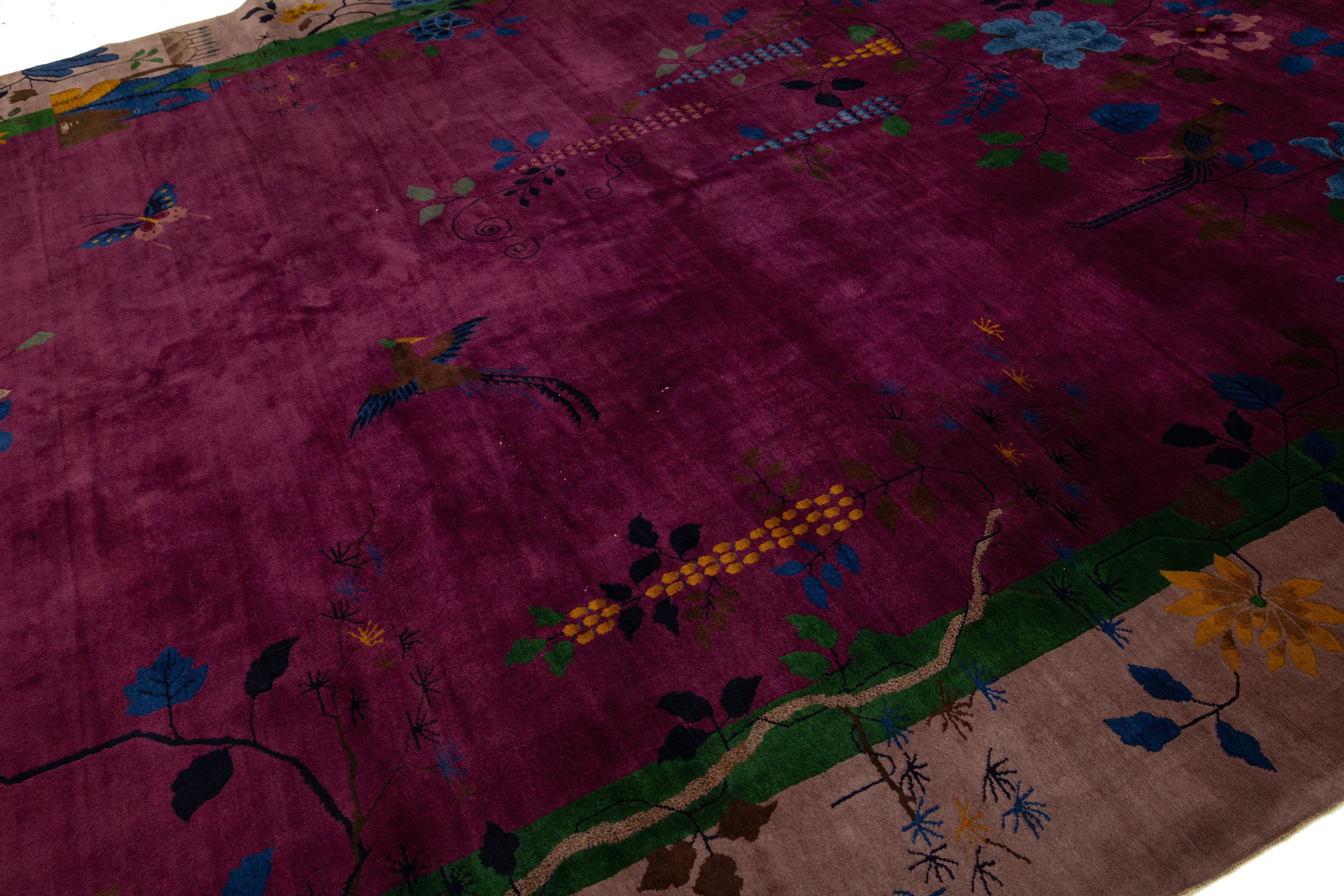 Art Deco Antique Purple Wool Rug Handmade with Chinese Floral Motif For Sale 1