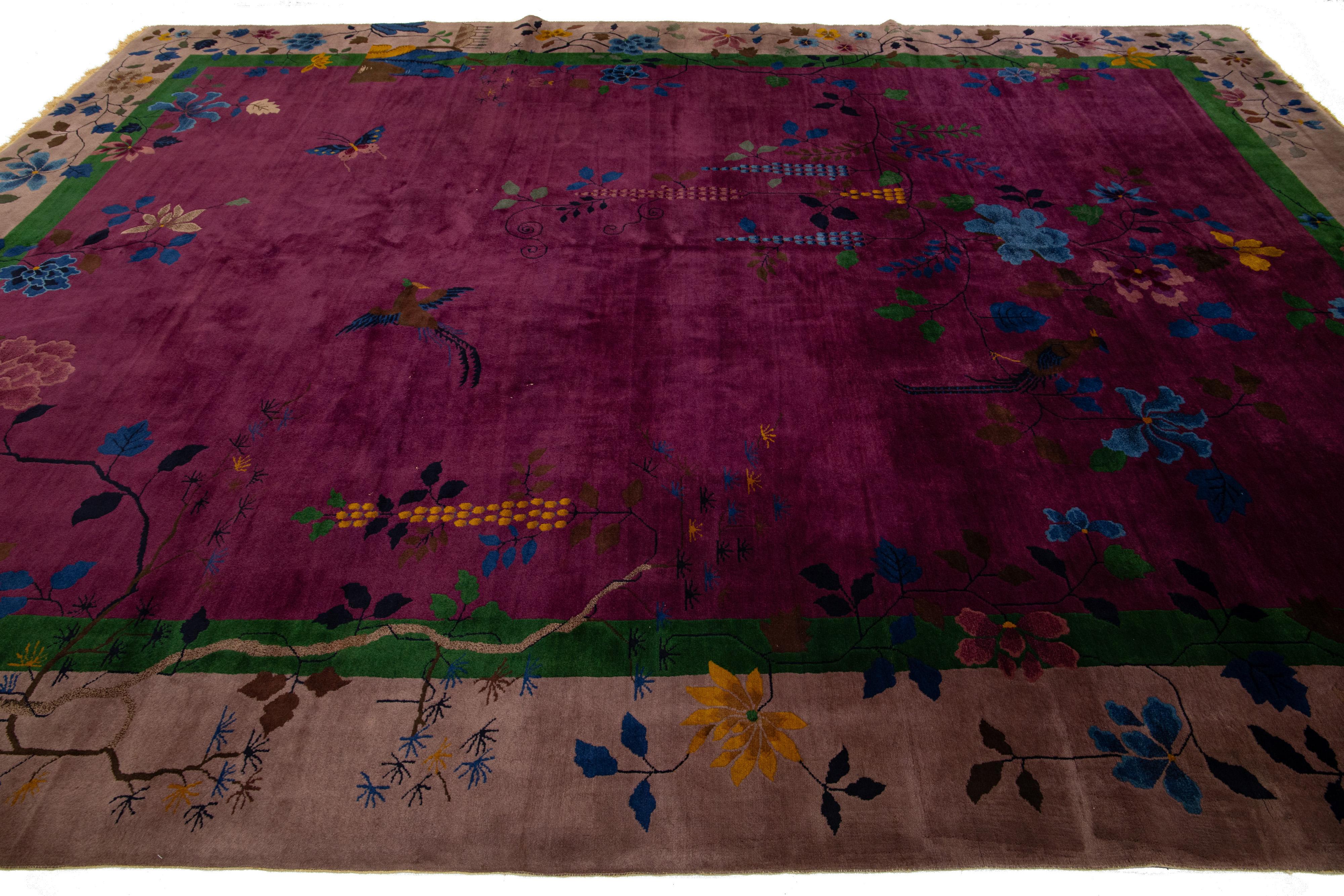 Art Deco Antique Purple Wool Rug Handmade with Chinese Floral Motif For Sale 2