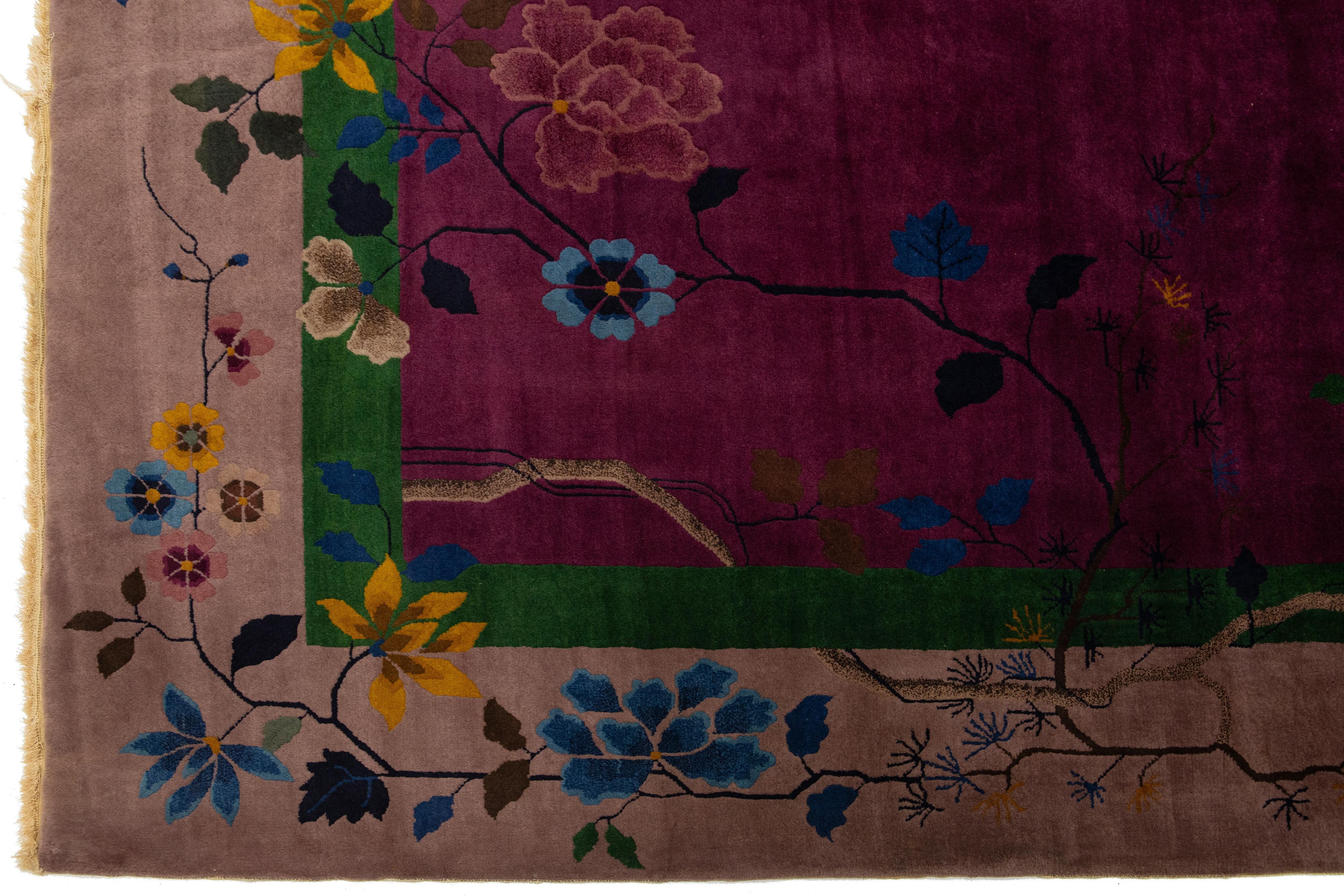 Art Deco Antique Purple Wool Rug Handmade with Chinese Floral Motif For Sale 3