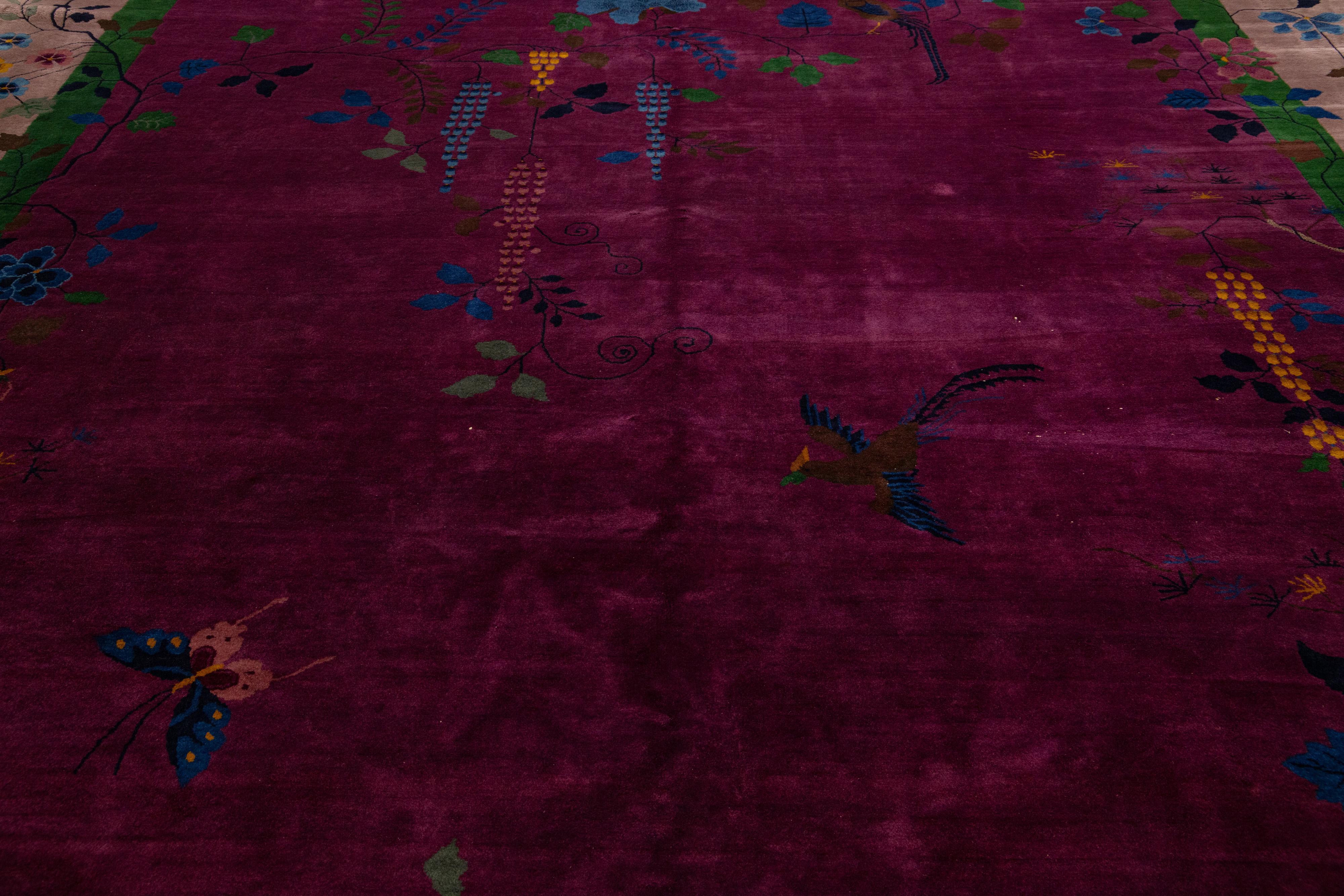 Art Deco Antique Purple Wool Rug Handmade with Chinese Floral Motif For Sale 4