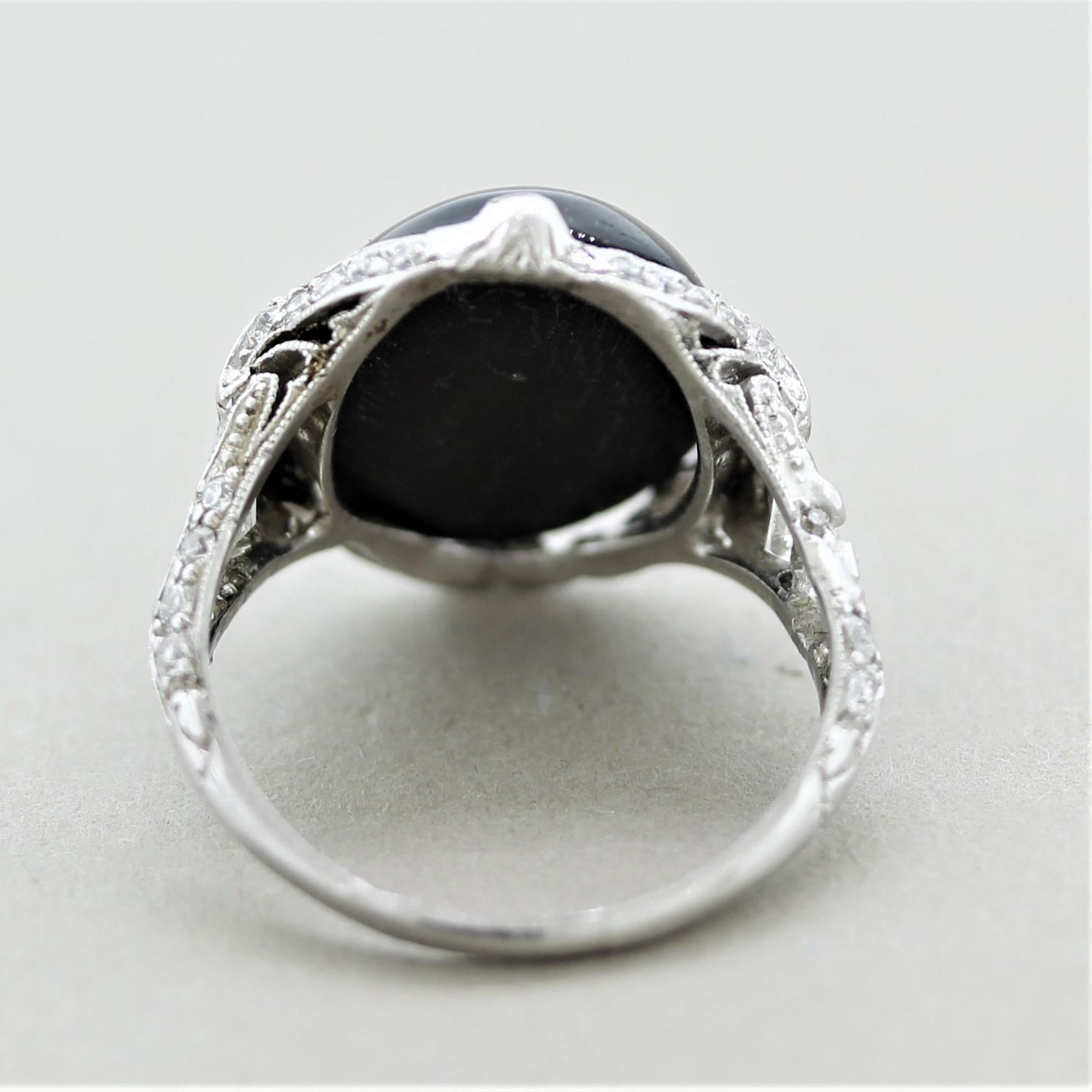 Art Deco Antique Star-Diopside Diamond Platinum Ring For Sale 1