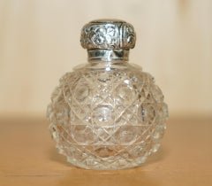 ART DECO ANTiQUE STERLING SILVER PERFUME BOTTLE IN ROUND CUT GLASS CRYSTAL