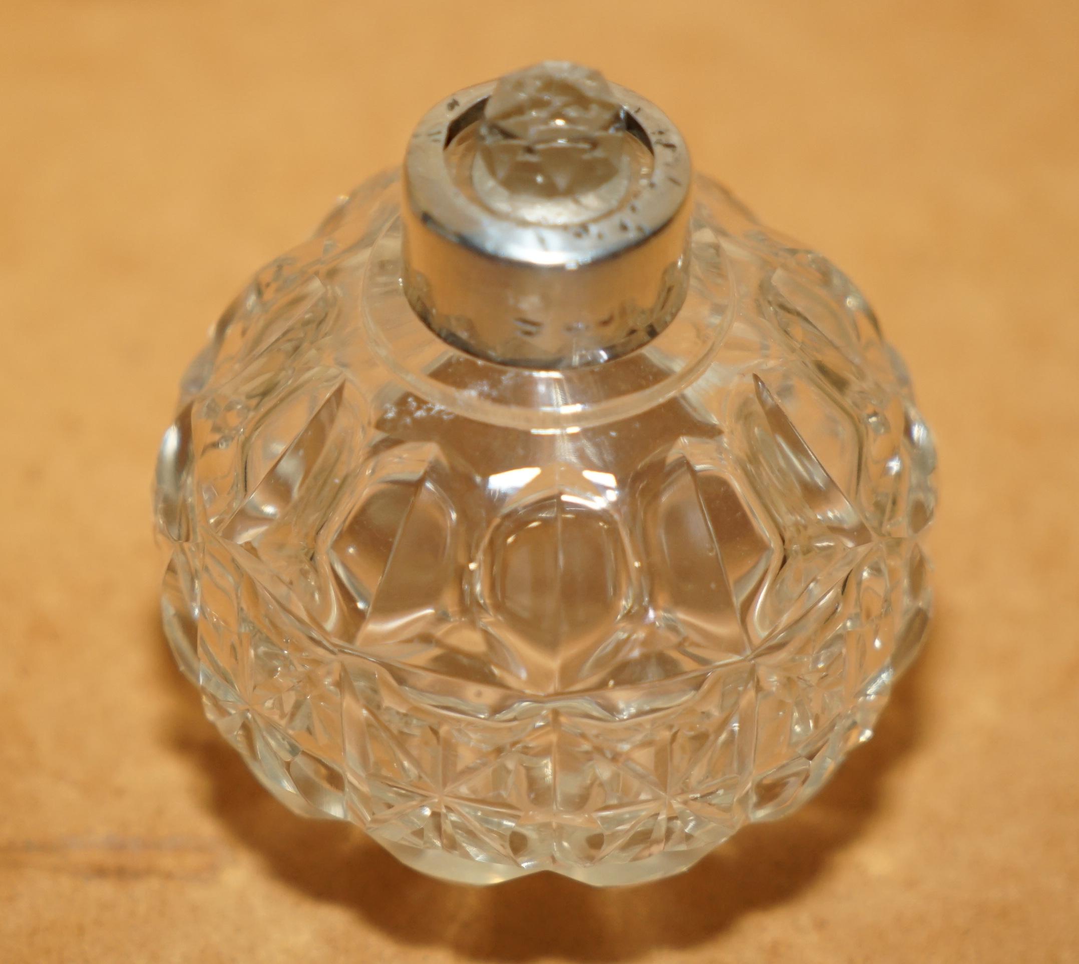English ART DECO ANTiQUE STERLING SILVER PERFUME BOTTLE IN ROUND CUT GLASS CRYSTAL For Sale