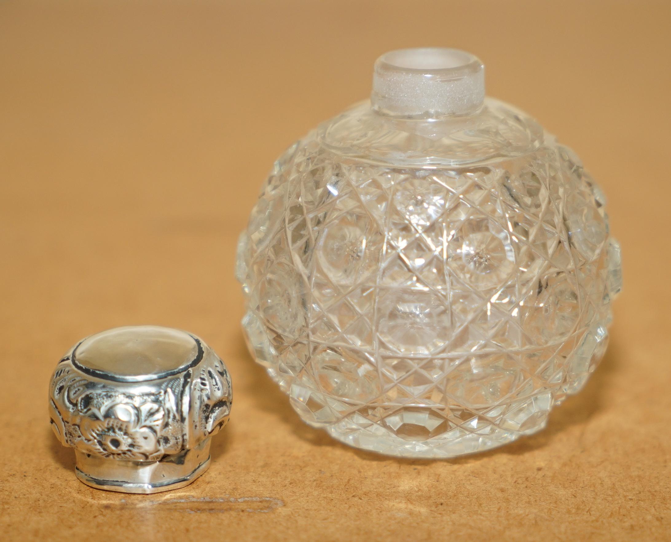 Hand-Crafted ART DECO ANTiQUE STERLING SILVER PERFUME BOTTLE IN ROUND CUT GLASS CRYSTAL For Sale