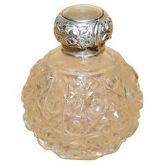 ART DECO BOTTIGLIA PER PROFUMO IN ARGENTO STERLINGO CON VETRO TAGLIATO A ROTONDO
