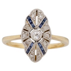 Art Deco Antique Two Tone Sapphire and Diamond Vintage Petit Shield Ring