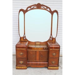 Art Deco Antique Waterfall Dresser with Carved Mirror