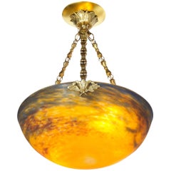 Art Deco Antiqued Brass and Hand Blown Mottled Glass Chandelier by Muller Frères