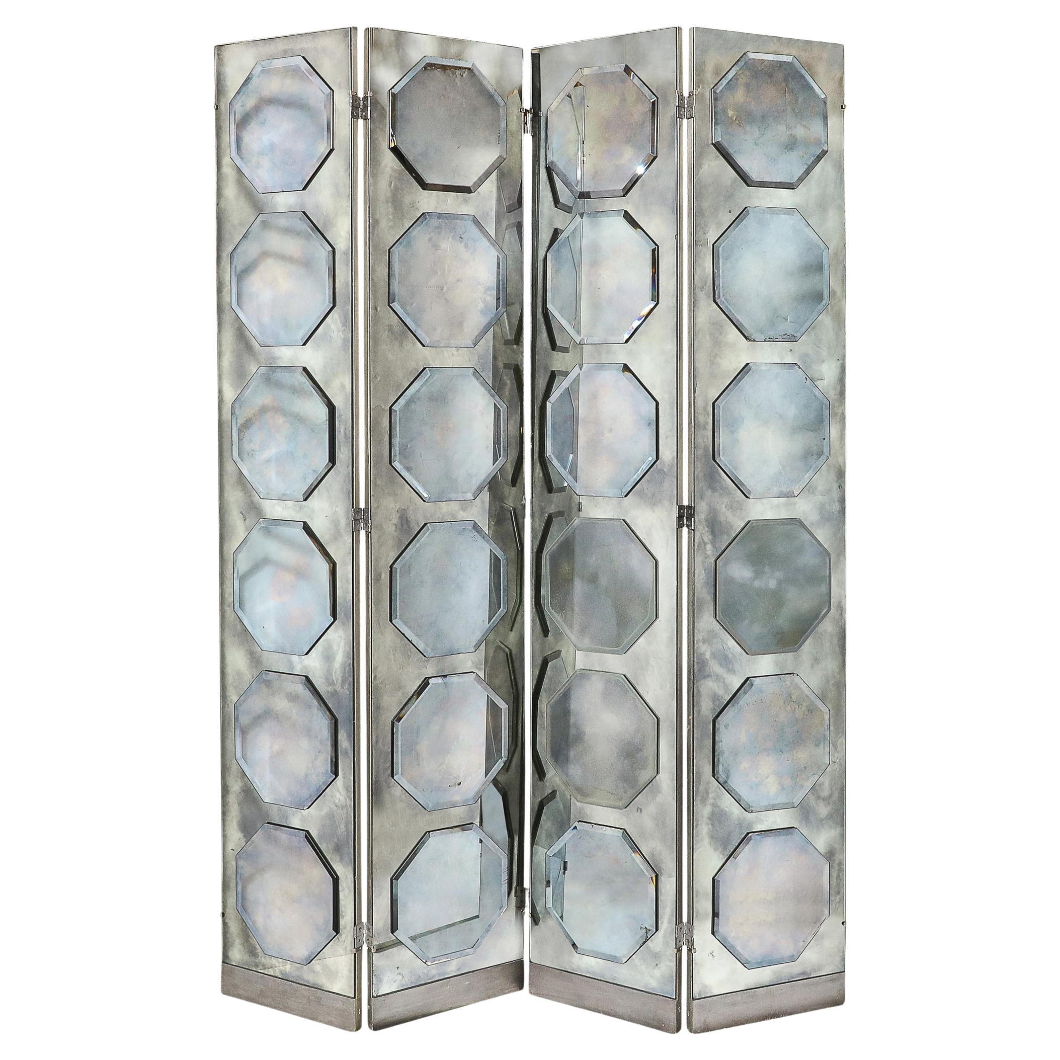 Art Deco Antiqued Octagon Paneled Motif Smoked Mirror Screen with Silvered Back