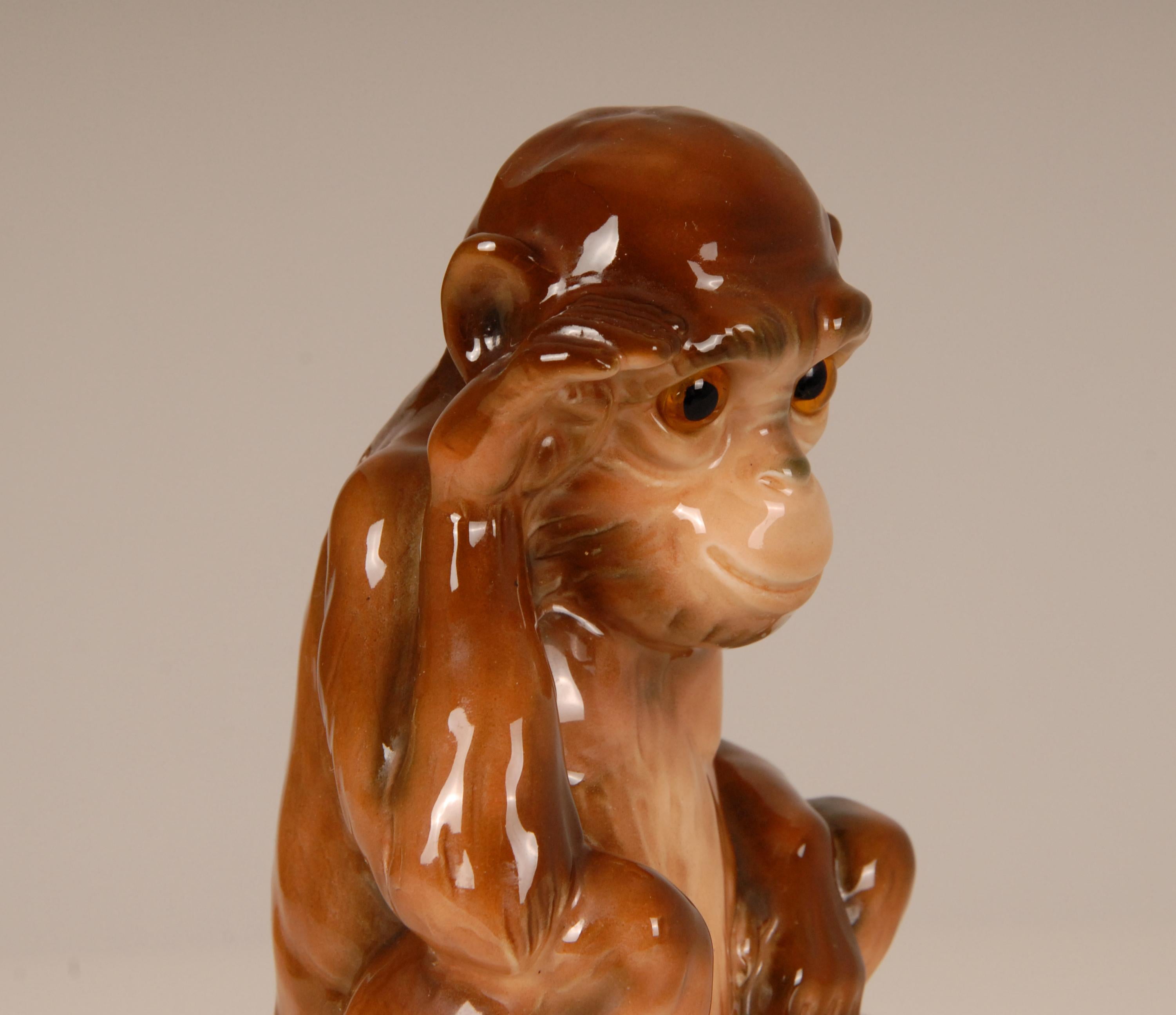 Hand-Crafted Art Deco Ape Perfume Lamp Figural Table Lamp German Ceramic Goebel Glass Eyes For Sale