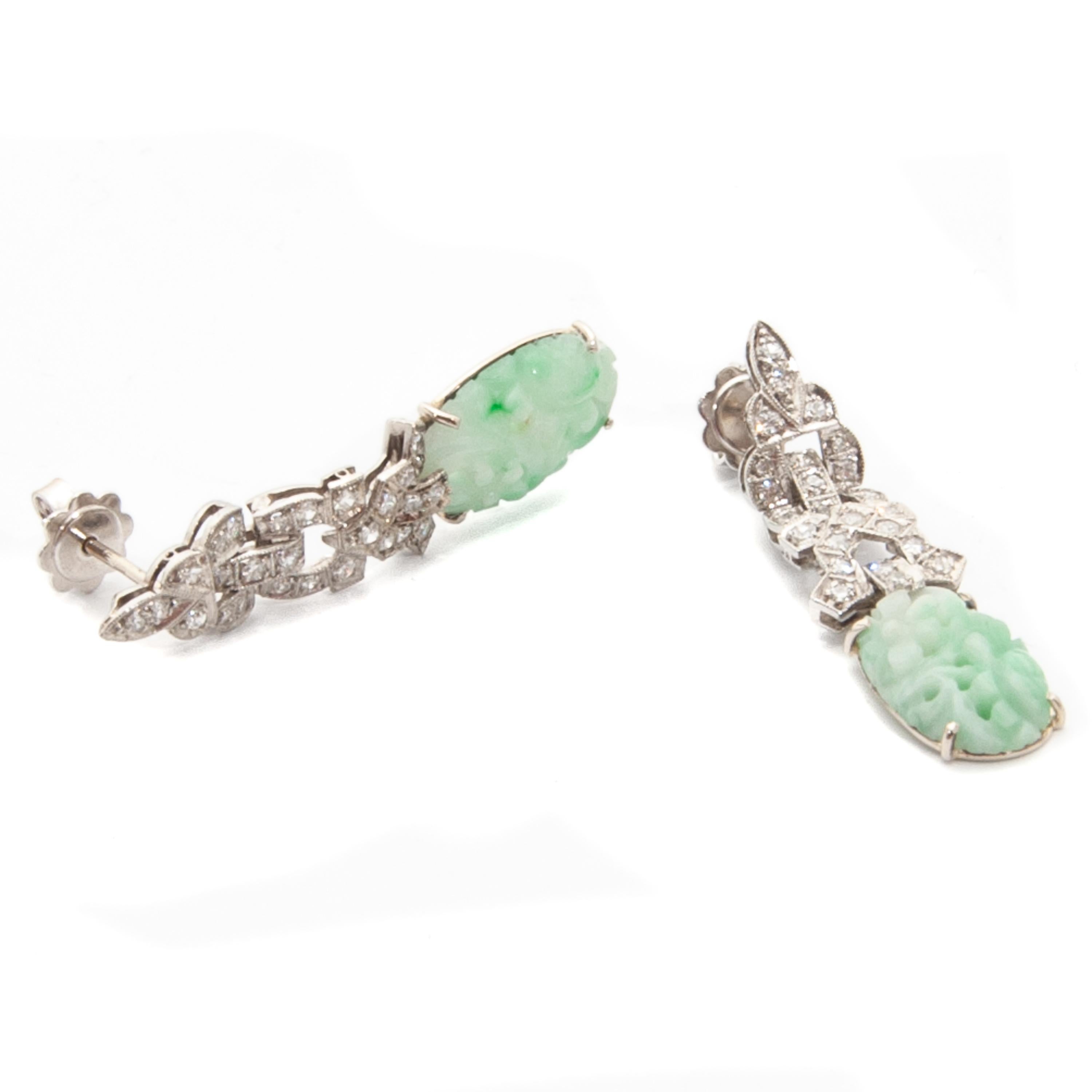 Women's Art Deco Diamond White Gold Carved Jade Earrings