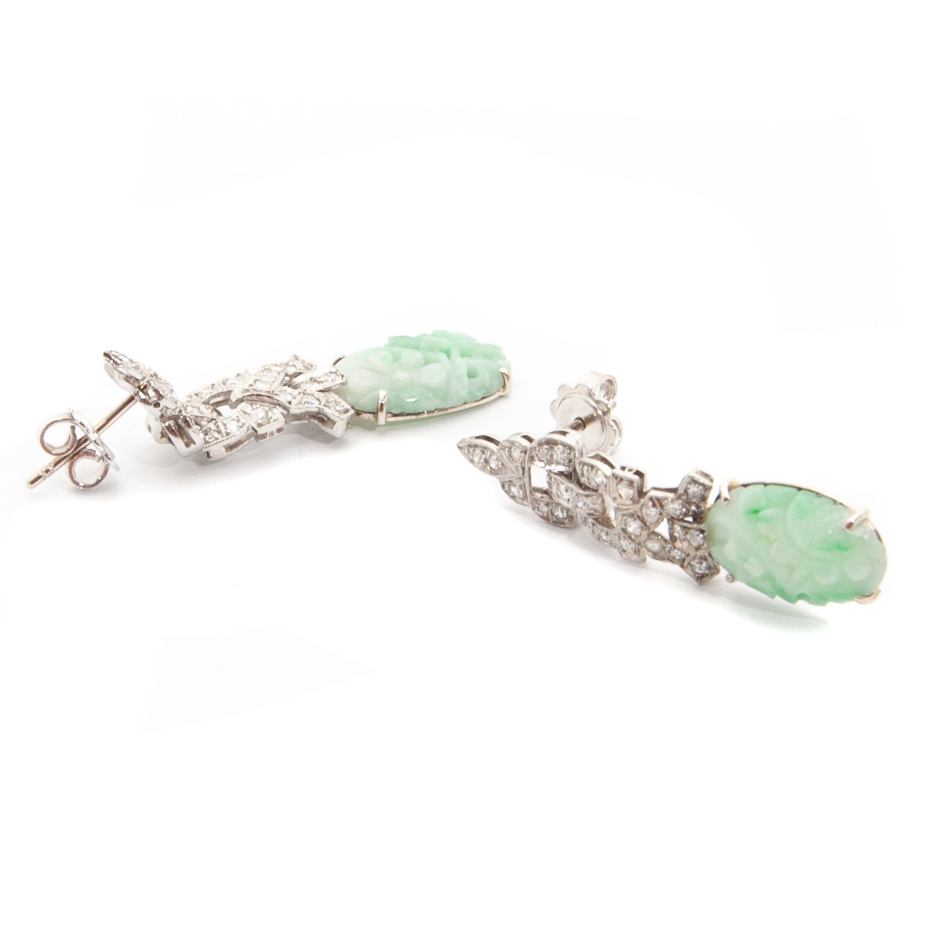 Art Deco Diamond White Gold Carved Jade Earrings 1