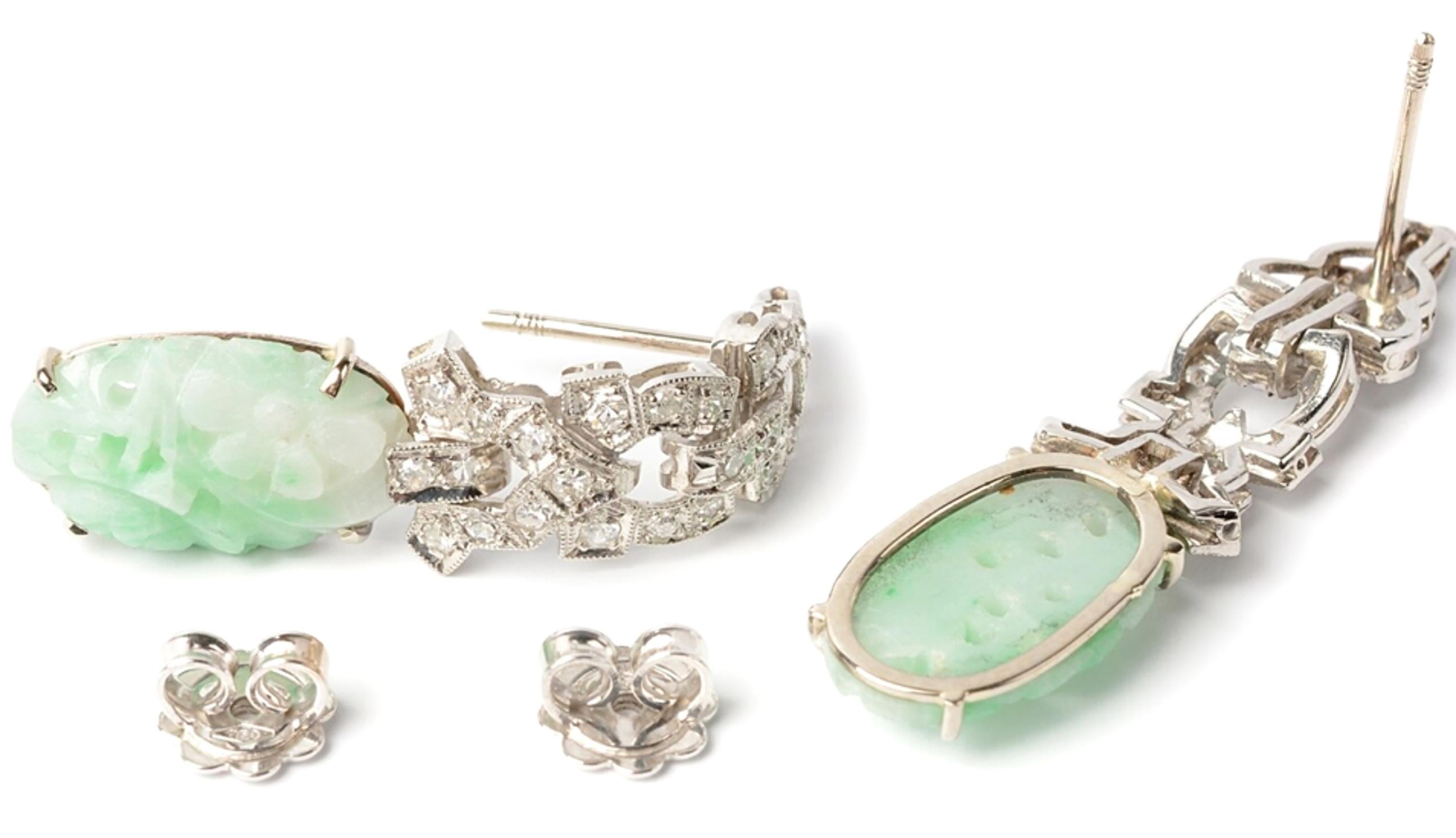 Art Deco Diamond White Gold Carved Jade Earrings 2