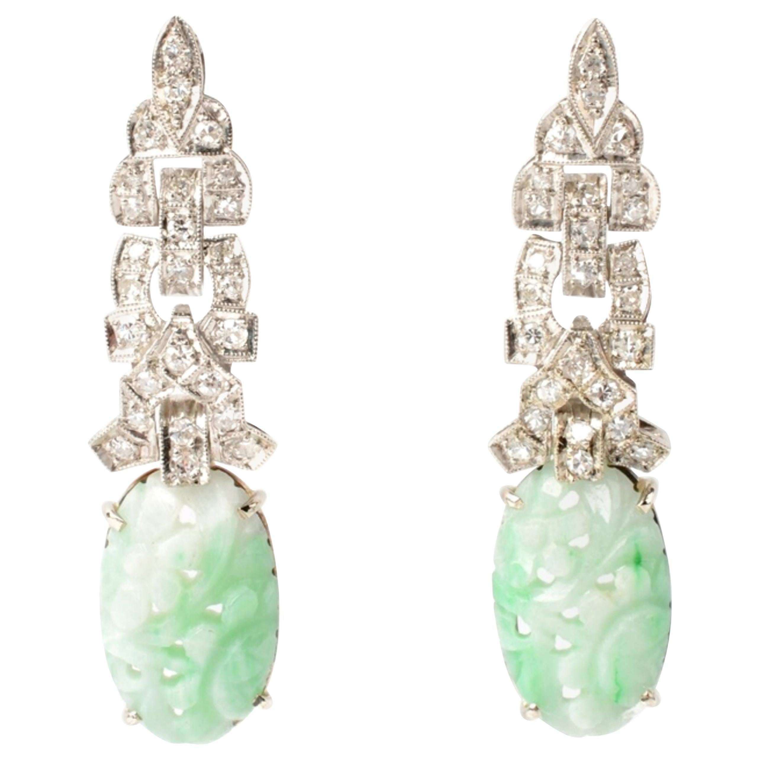 Art Deco Diamond White Gold Carved Jade Earrings