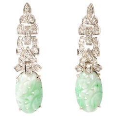 Art Deco Diamond White Gold Carved Jade Earrings