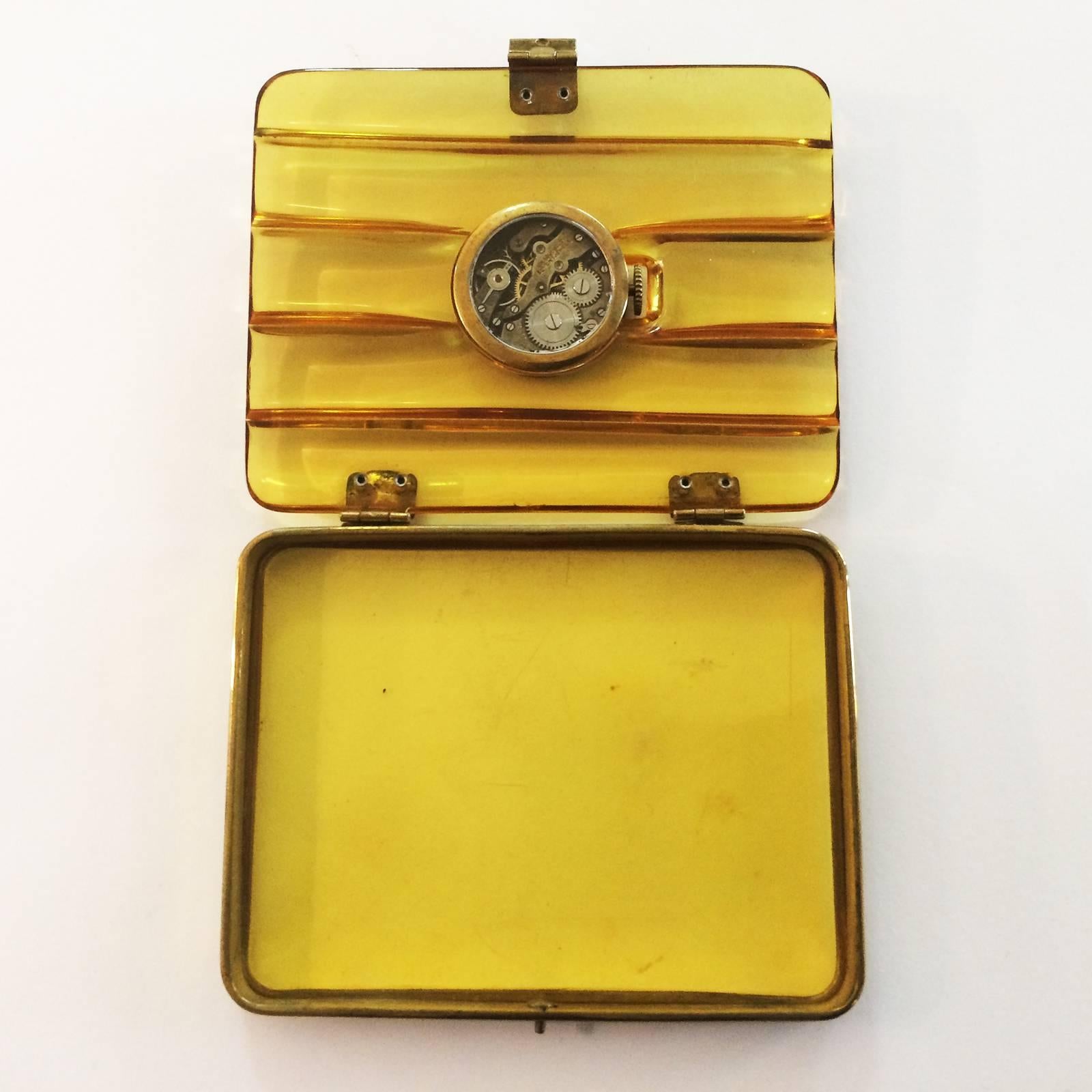 Brown Art Deco Applejuice bakelite card case set with a skeleton watch