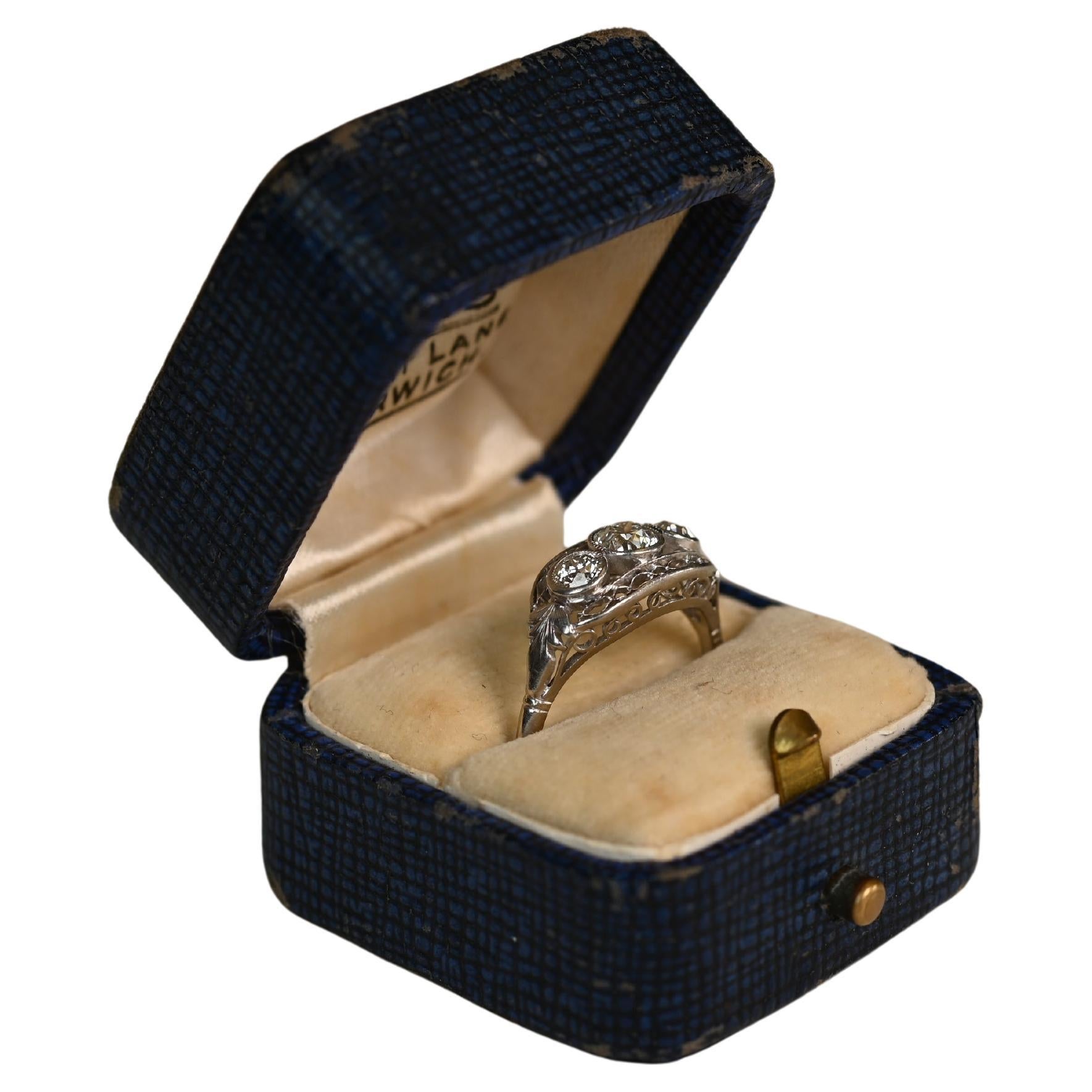 Art Deco Three-Stone Old European Diamond Ring (Approx. 0.3-Carats), Platinum For Sale