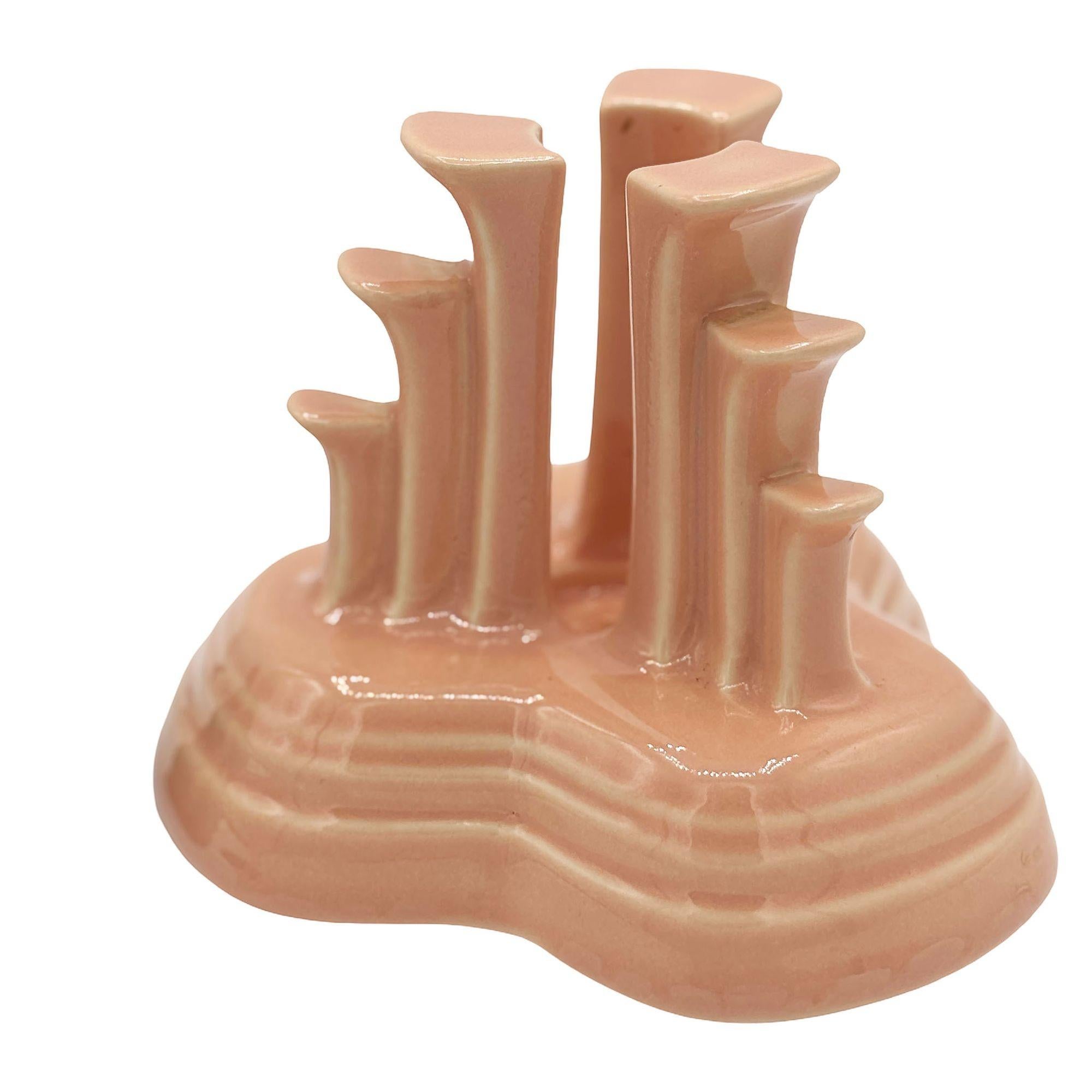 Art Deco Apricot Peach Tripod Pyramid Candleholder by Fiesta Ware, Pair For Sale 3