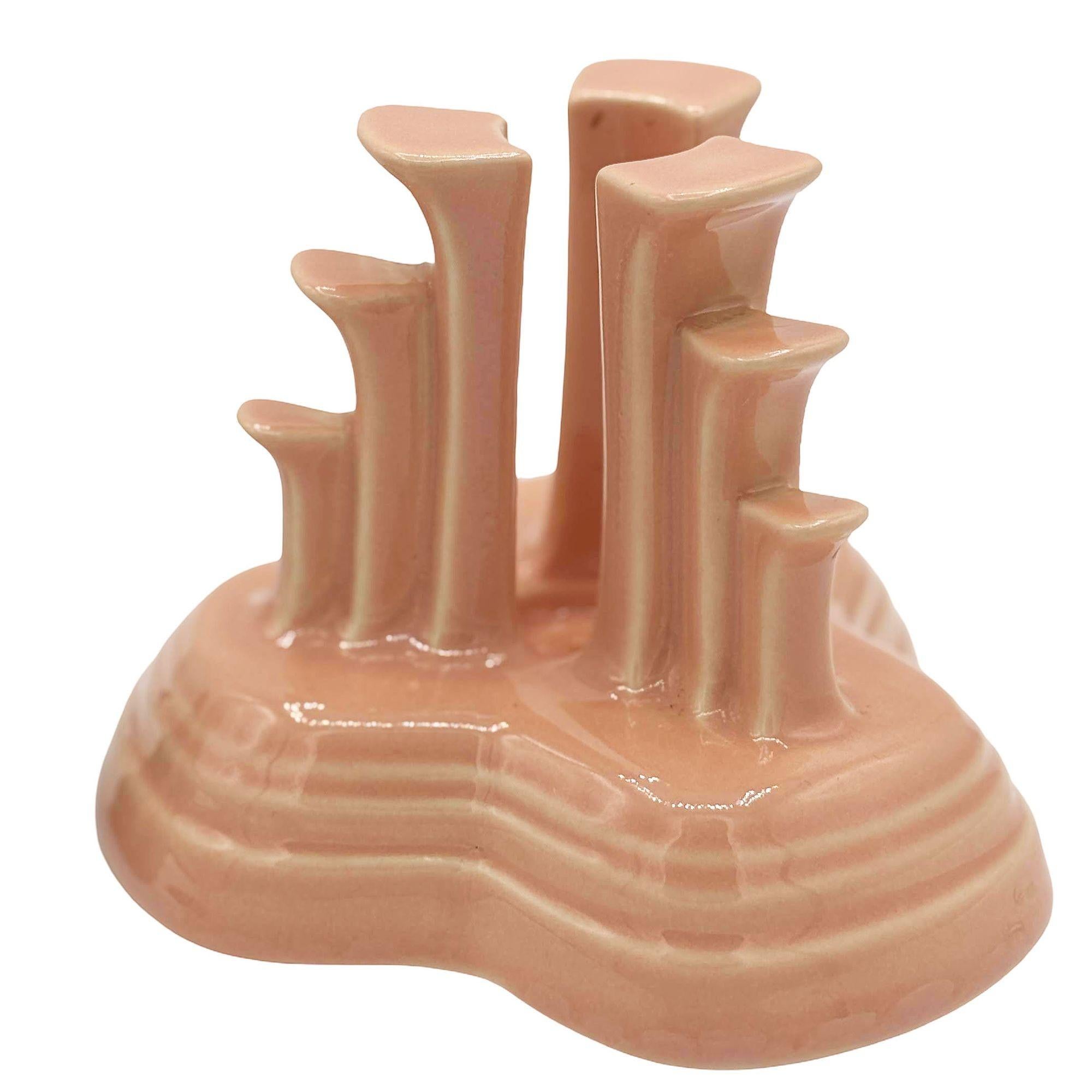 Mid-Century Modern Art Deco Apricot Peach Tripod Pyramid Candleholder by Fiesta Ware, Pair For Sale