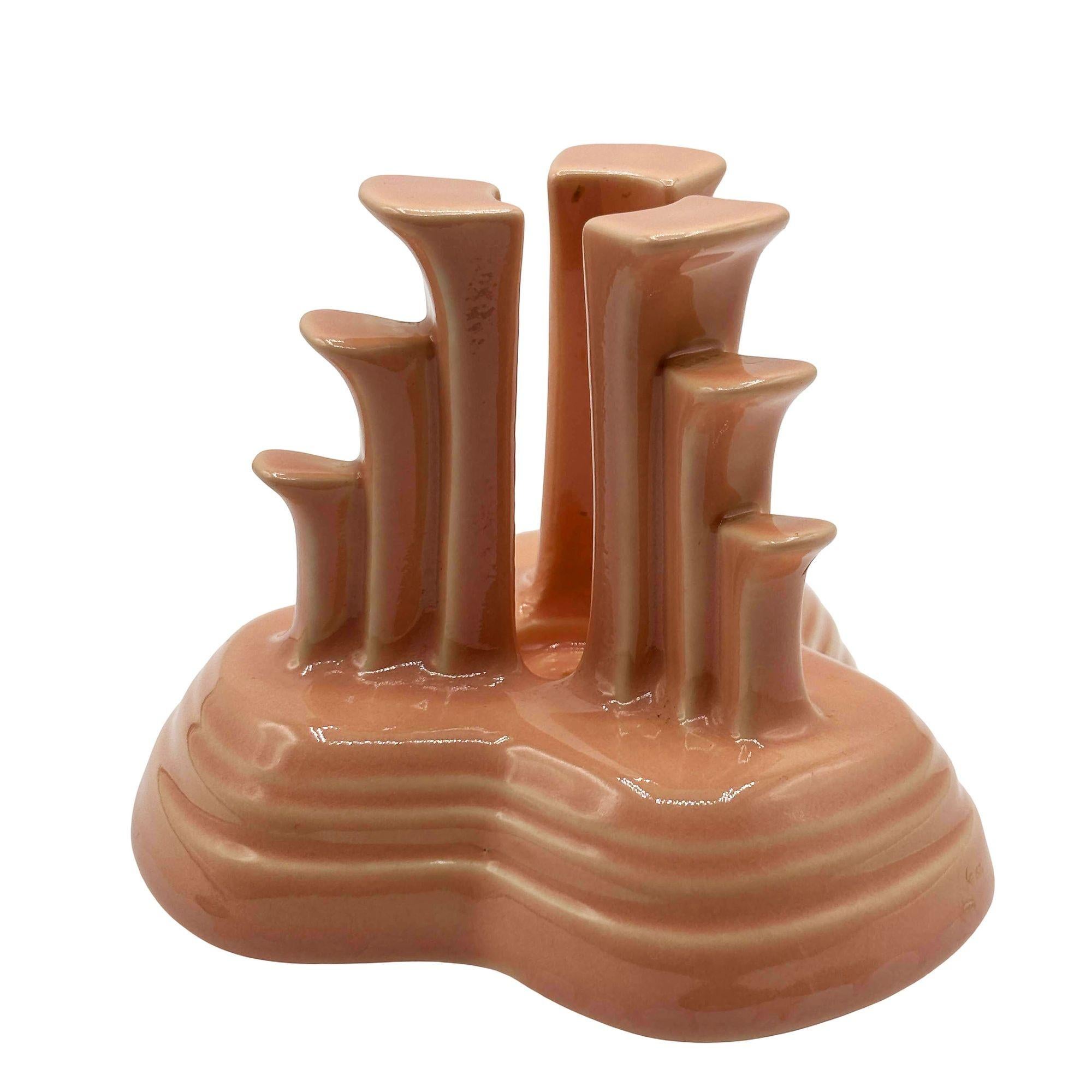 American Art Deco Apricot Peach Tripod Pyramid Candleholder by Fiesta Ware, Pair For Sale