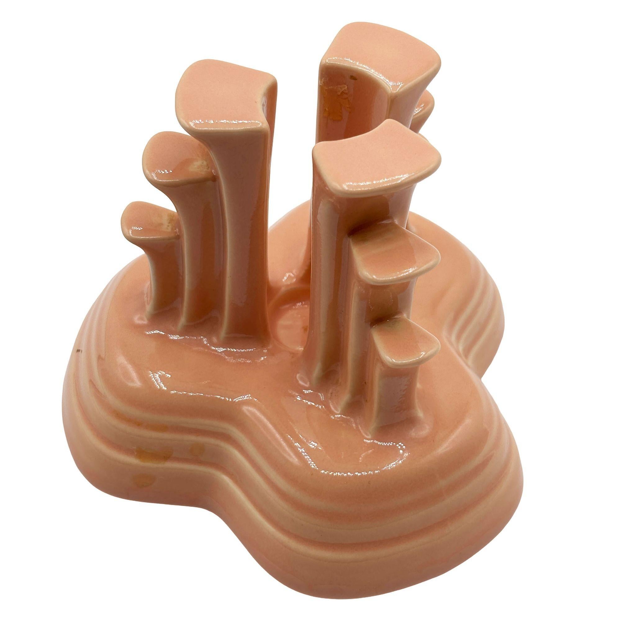 Mid-20th Century Art Deco Apricot Peach Tripod Pyramid Candleholder by Fiesta Ware, Pair For Sale