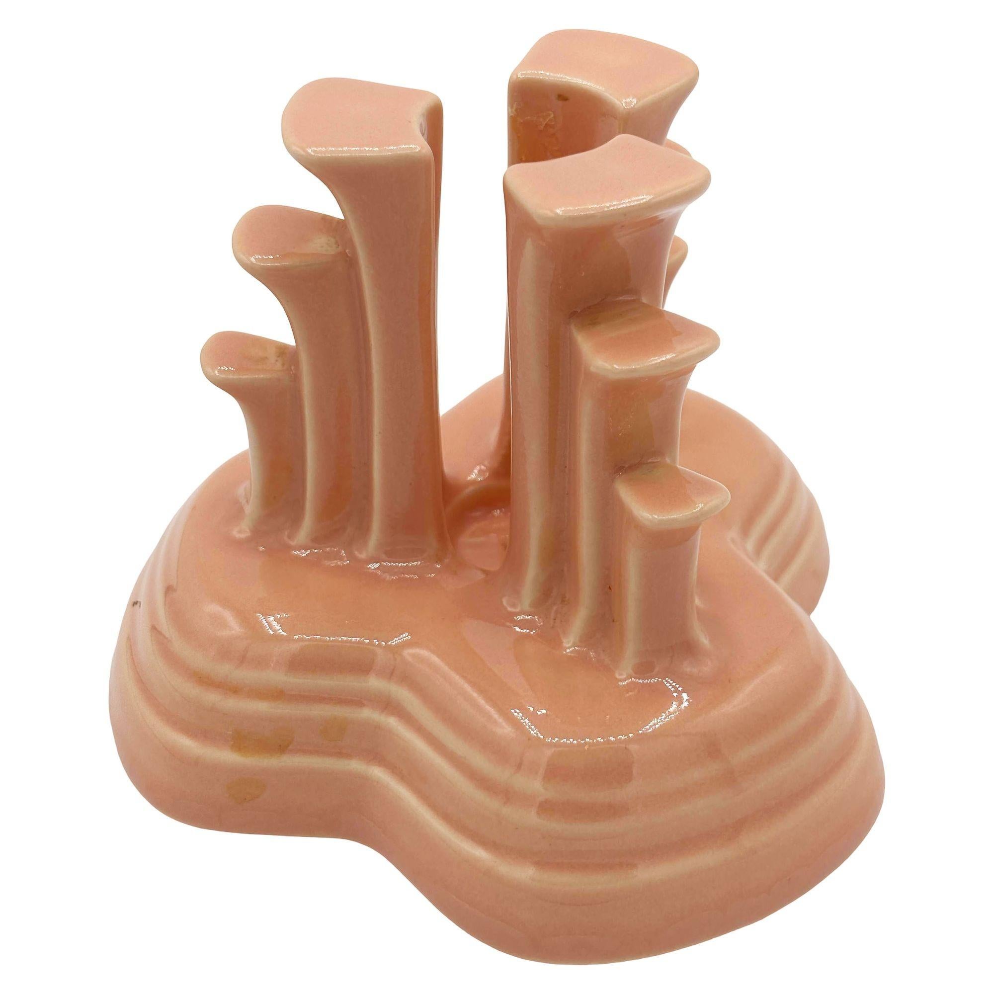 Ceramic Art Deco Apricot Peach Tripod Pyramid Candleholder by Fiesta Ware, Pair For Sale