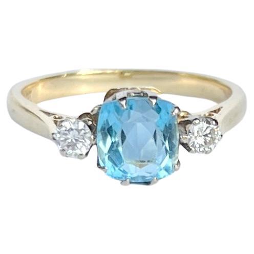 Art Deco Aqua and Diamond 18 Carat Gold Three Stone Ring 