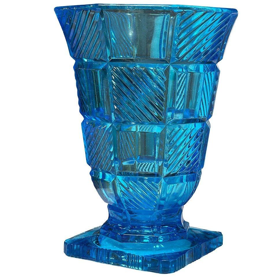 American Art Deco Aqua Blue Leaded Glass Checkered Geometric Pedestal Vase For Sale