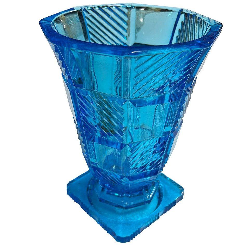 Art Deco Aqua Blue Leaded Glass Checkered Geometric Pedestal Vase In Excellent Condition For Sale In Van Nuys, CA