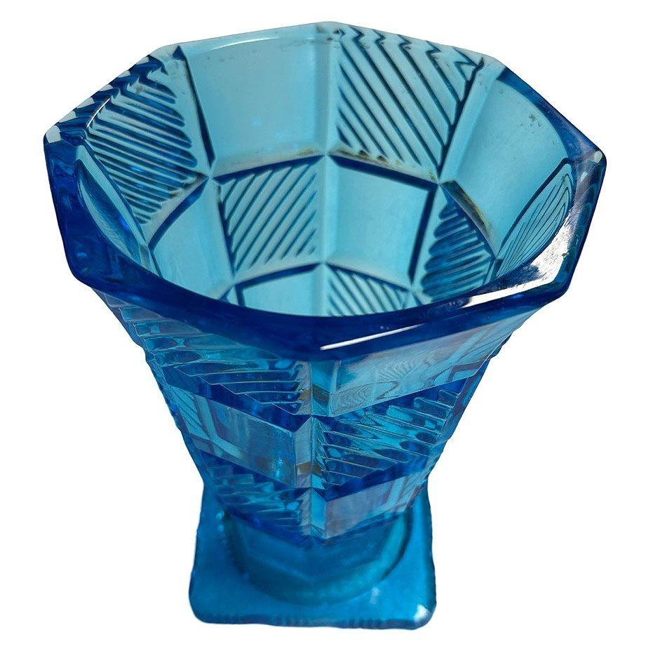 Art Deco Aqua Blue Leaded Glass Checkered Geometric Pedestal Vase For Sale 1