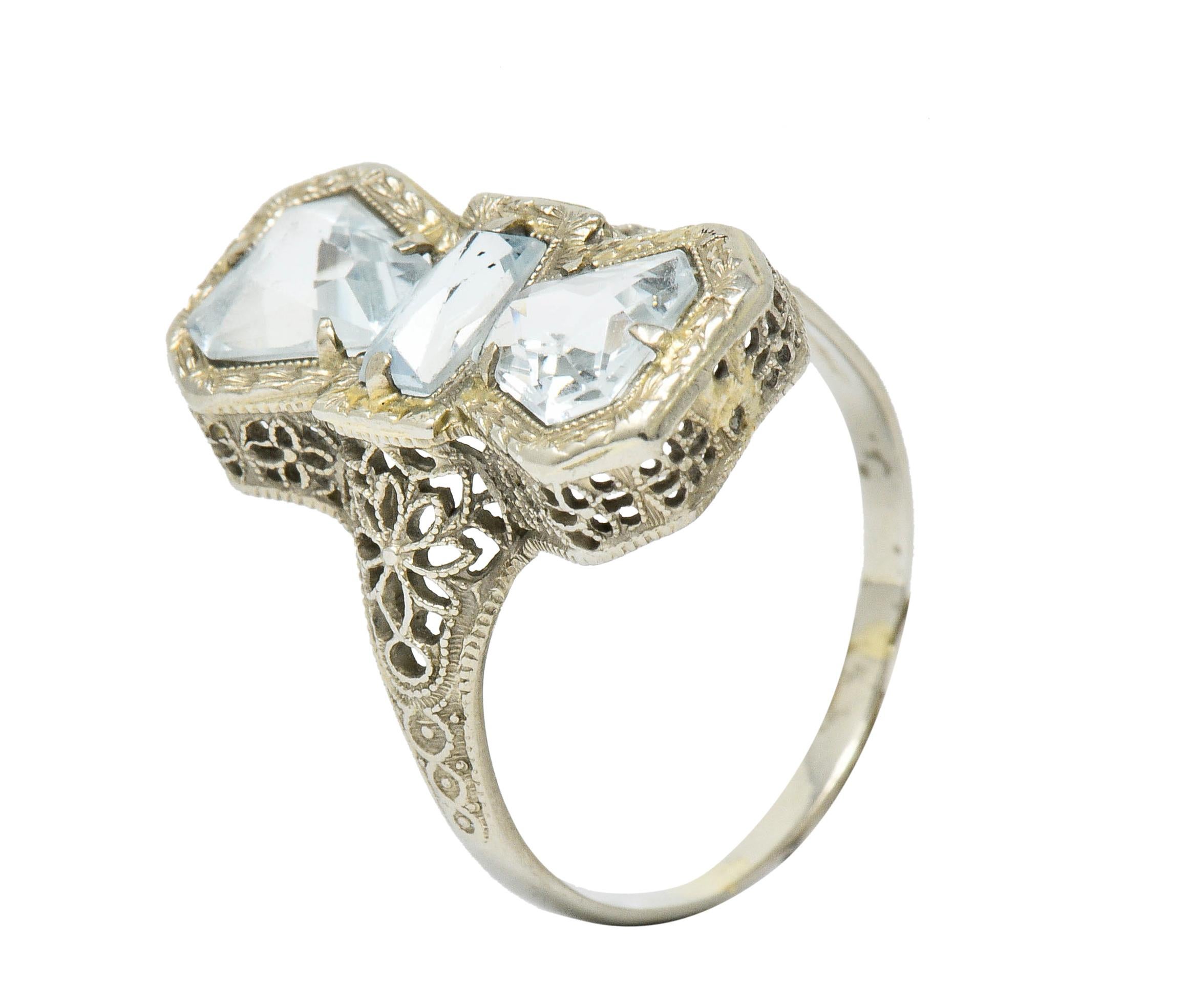 Art Deco Aquamarine 14 Karat White Gold Three Stone Dinner Ring 5