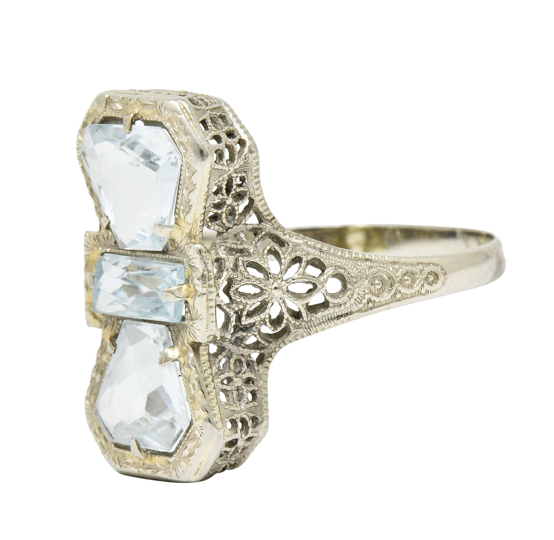 Women's or Men's Art Deco Aquamarine 14 Karat White Gold Three Stone Dinner Ring