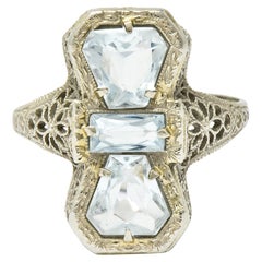 Art Deco Aquamarine 14 Karat White Gold Three Stone Dinner Ring