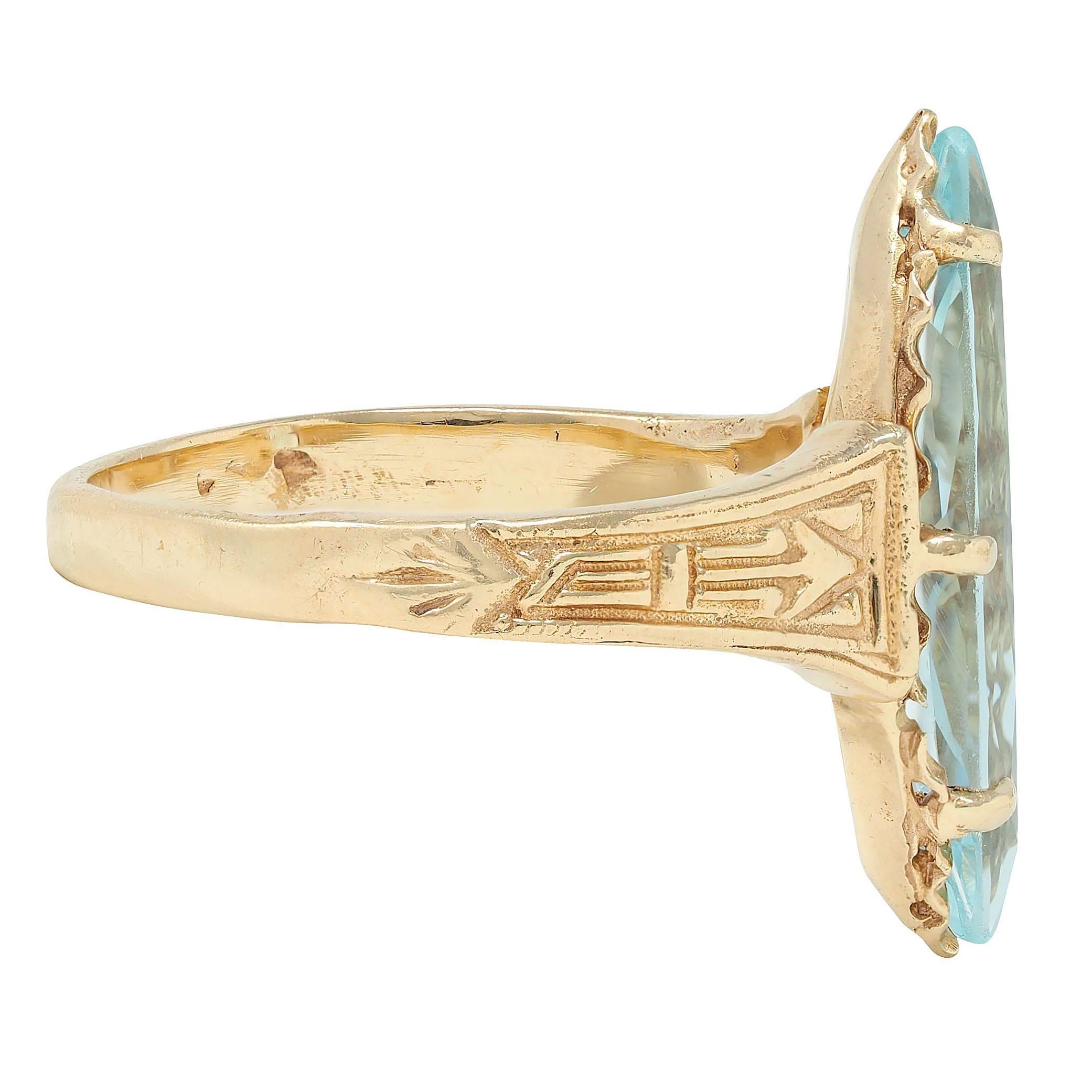 Marquise Cut Art Deco Aquamarine 14 Karat Yellow Gold Antique Arrow Navette Dinner Ring For Sale