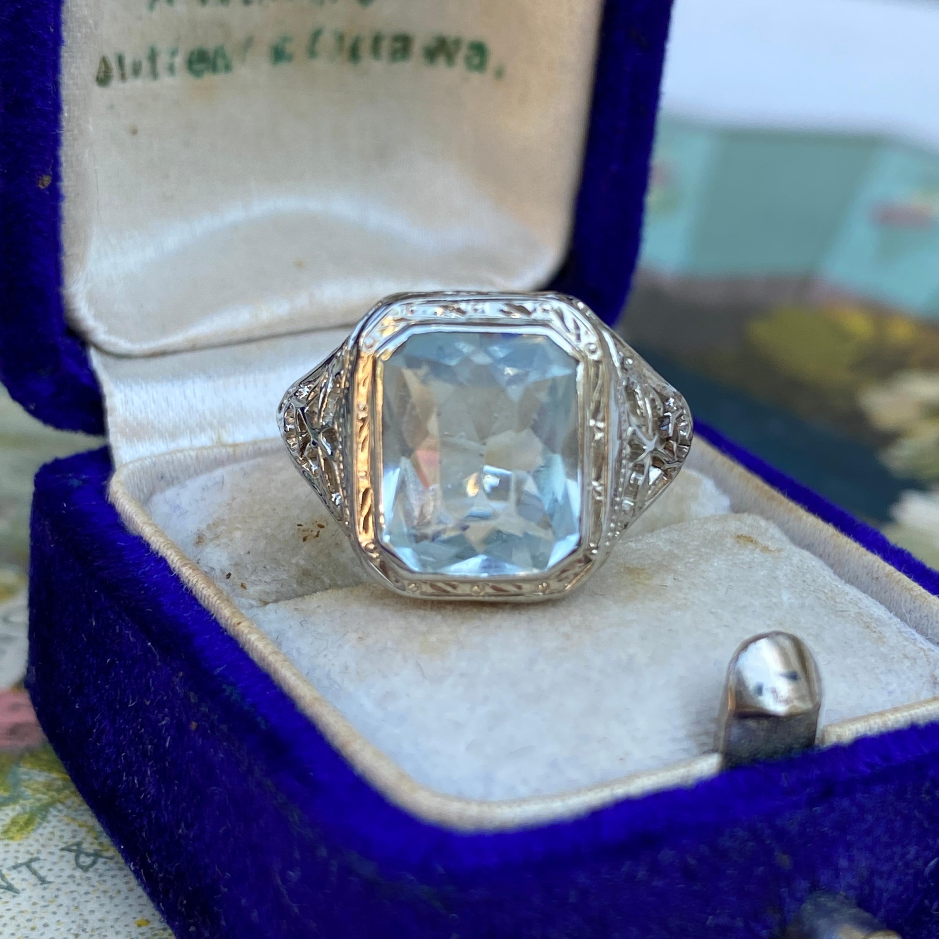 Art Deco Aquamarine 14K Filigree Ring For Sale 5