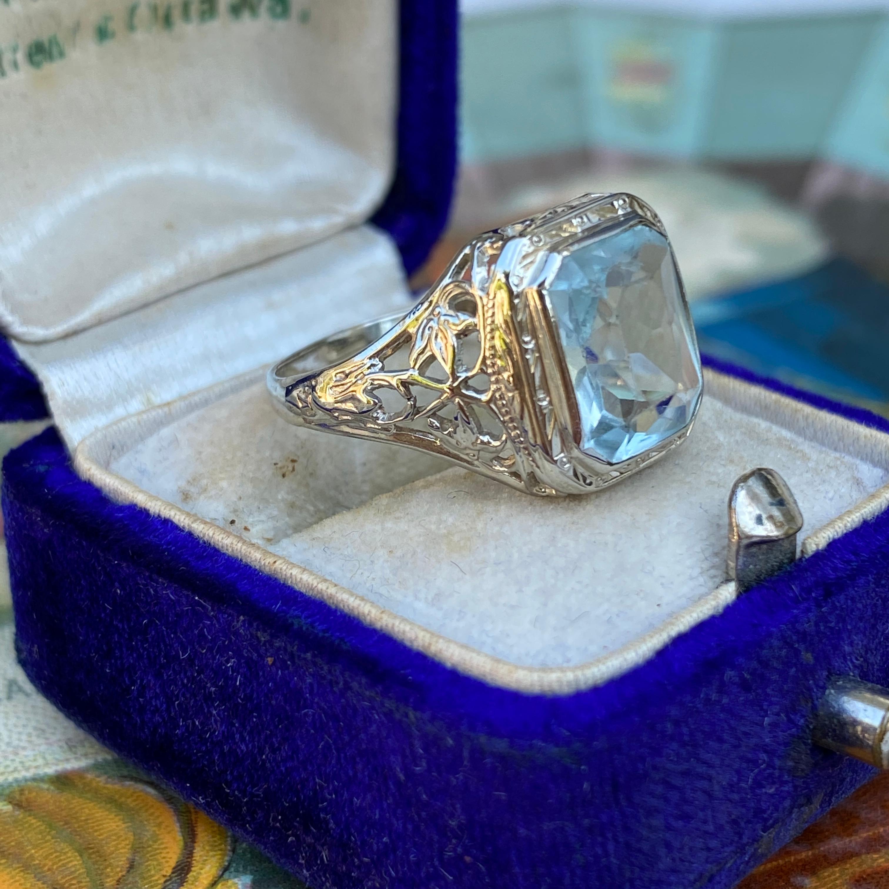 Art Deco Aquamarine 14K Filigree Ring For Sale 6