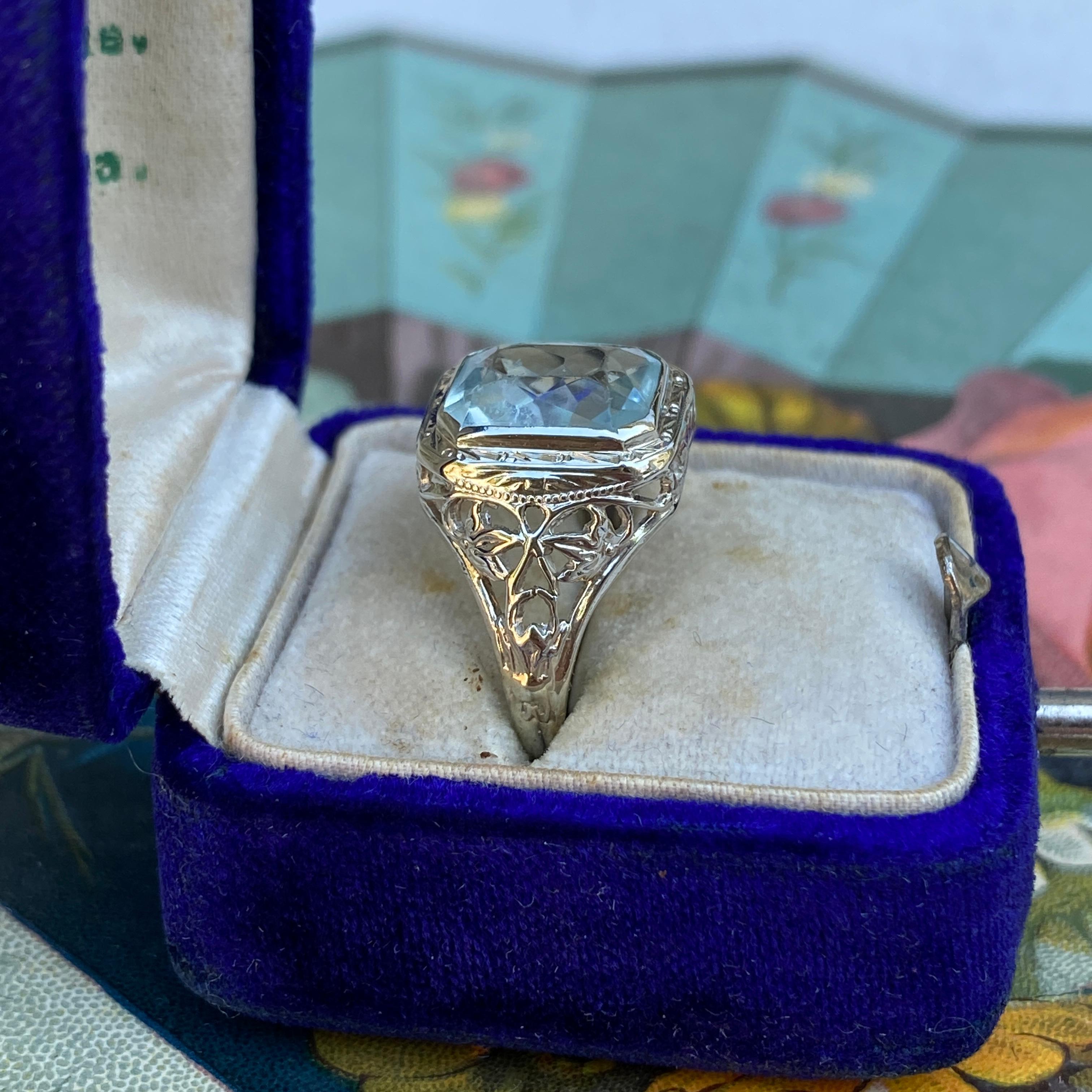 Art Deco Aquamarine 14K Filigree Ring For Sale 7