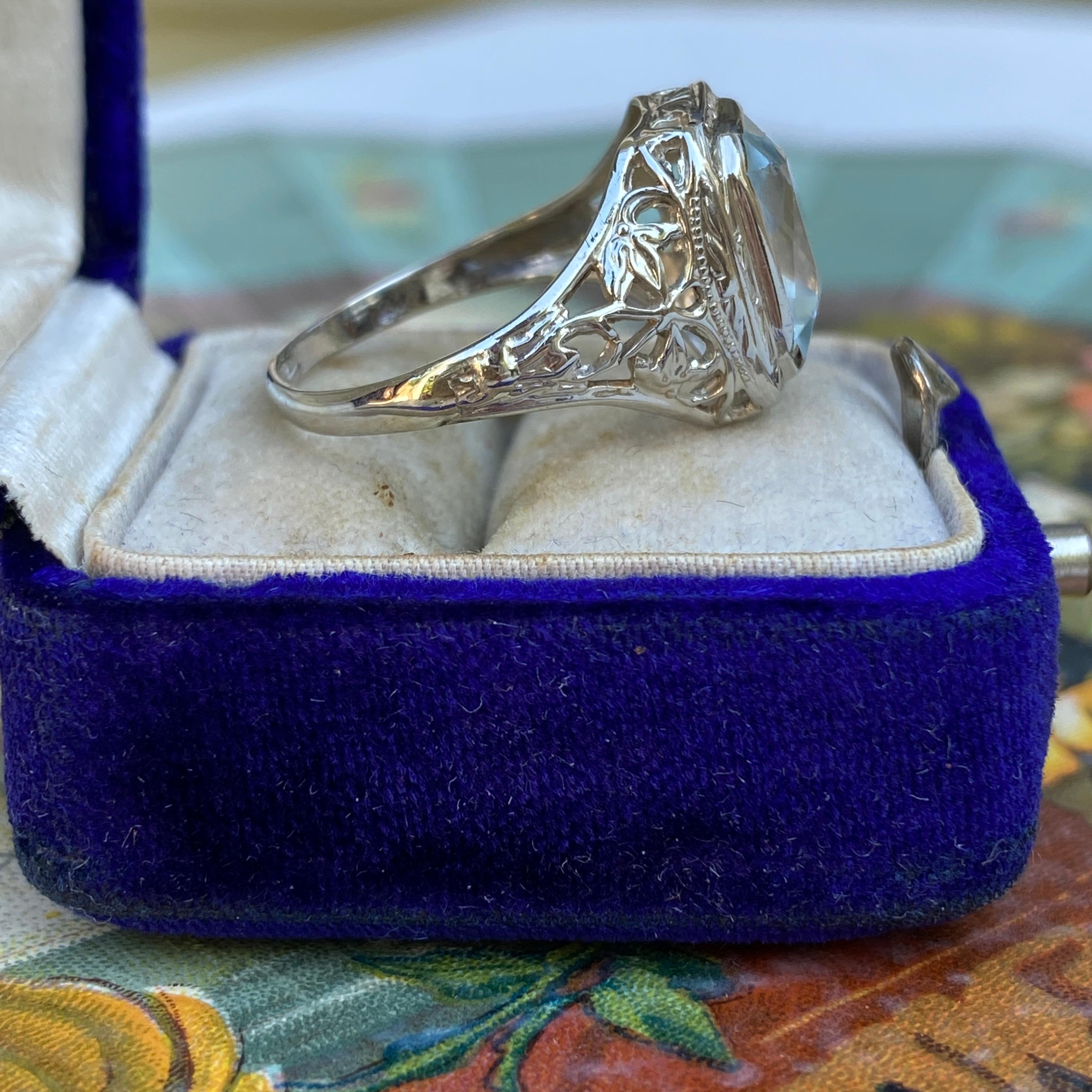 Art Deco Aquamarine 14K Filigree Ring For Sale 8
