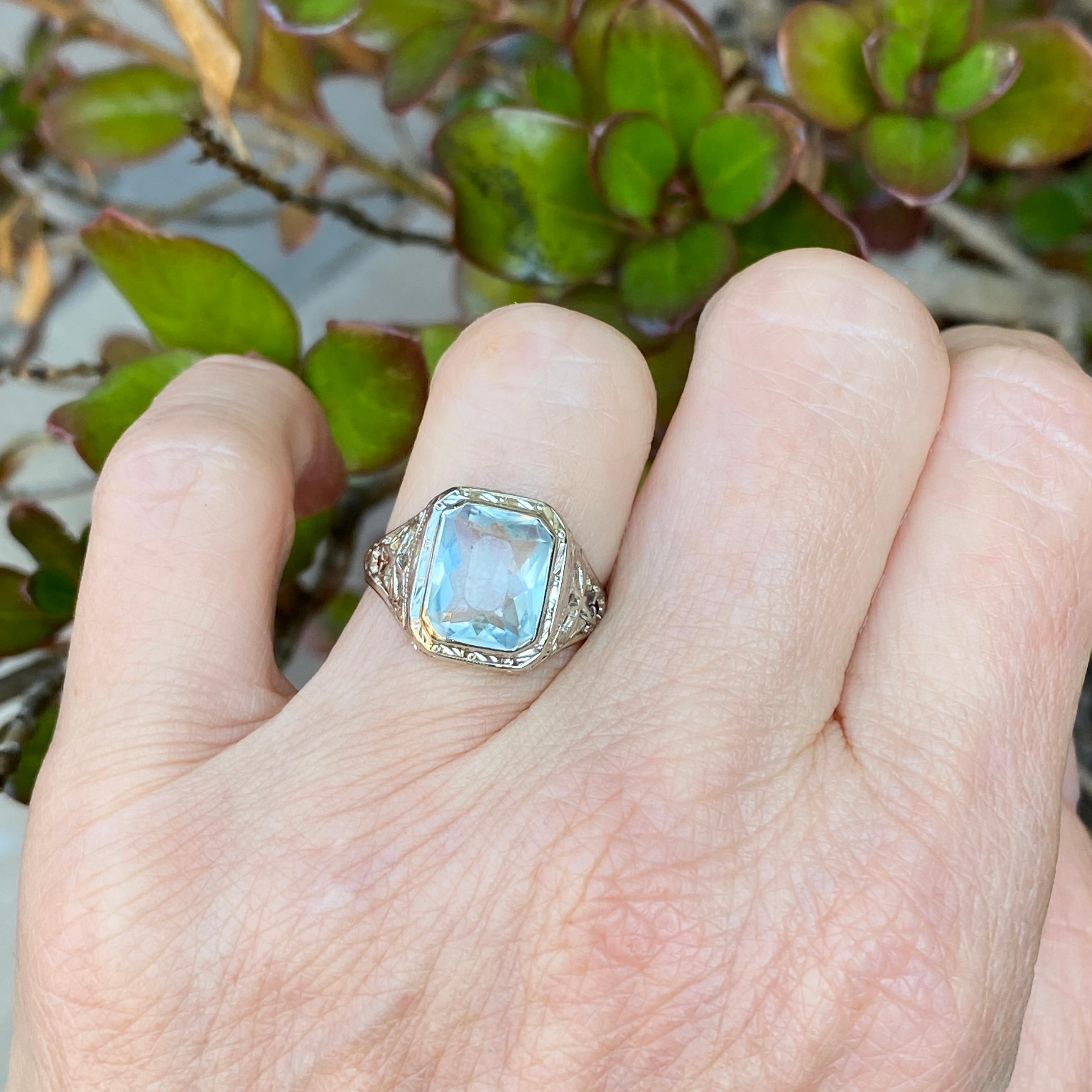 Antique Cushion Cut Art Deco Aquamarine 14K Filigree Ring For Sale